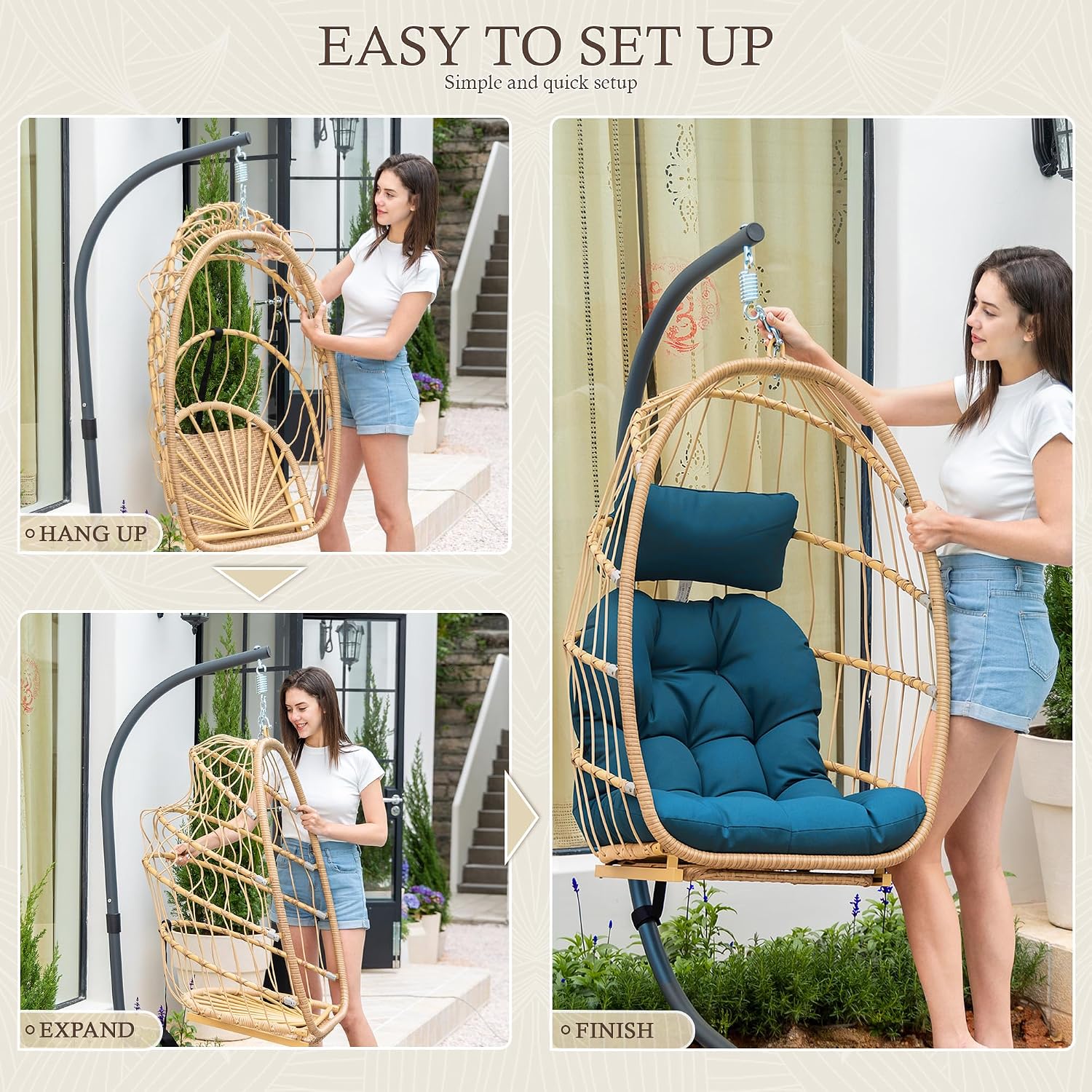 Yechen Hanging Egg Chair with Stand & Footrest, Foldable Wicker Rattan Swing Chair for Indoor Outdoor, Patio Hammock Chair with UV-Resistant Cushion, 350 lbs Capacity for Bedroom Porch Garden