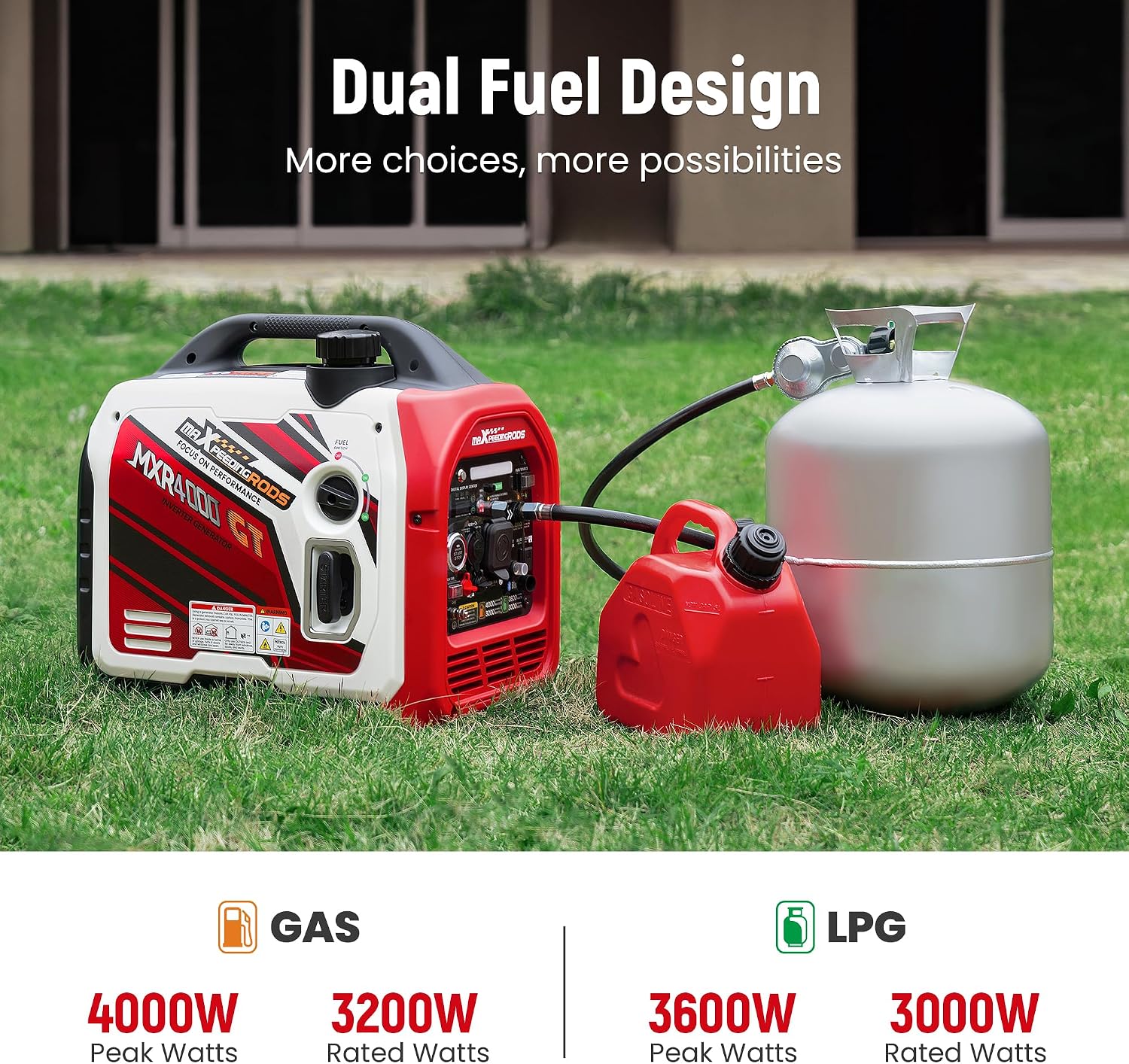 maXpeedingrods 4000 Watt Dual Fuel Inverter Generator with Bluetooth® Control Start and Display, RV Ready, Electric Start, Quiet for Outdoor Camping, Home Backup, Garden，PGMA Compliant