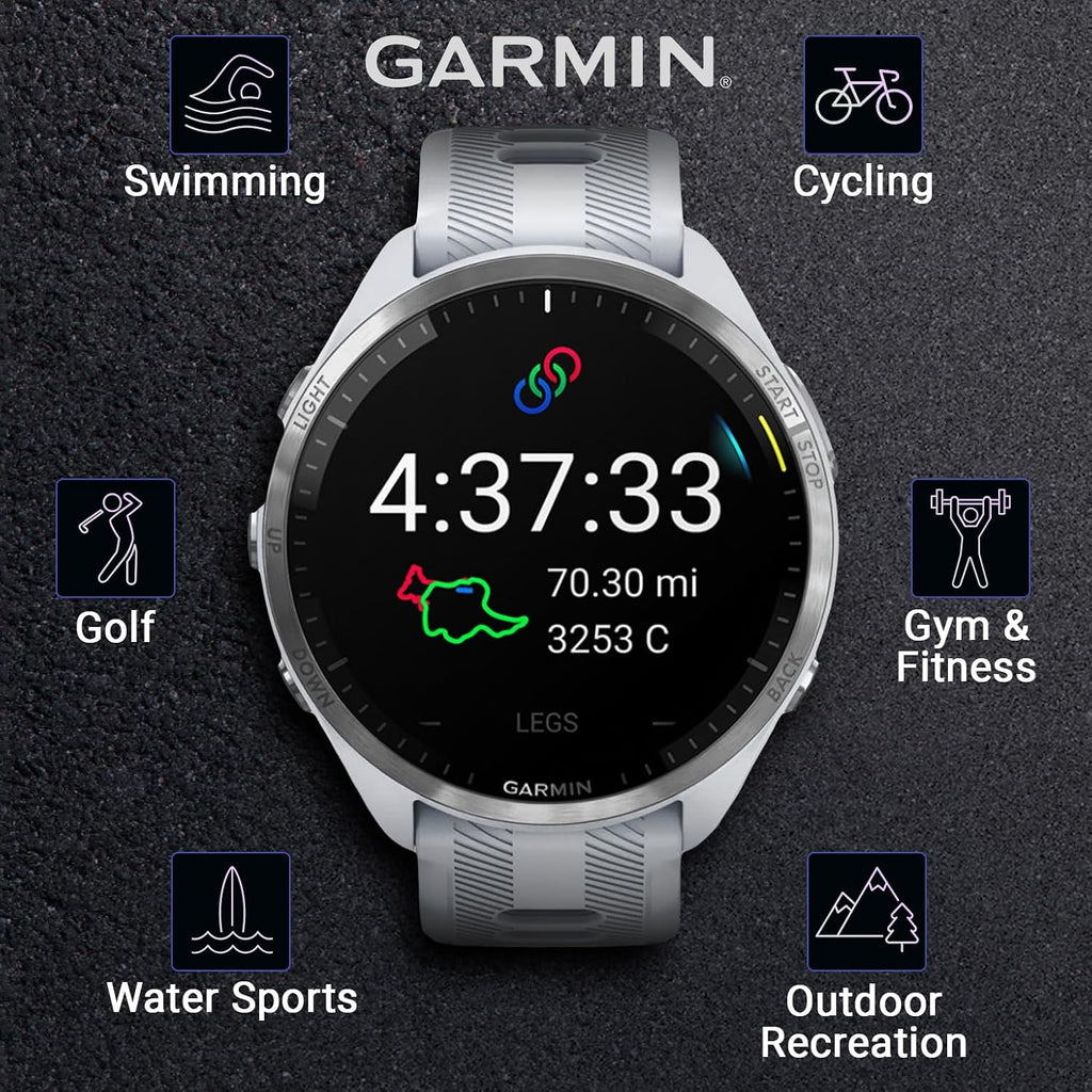 Garmin Forerunner 965 Premium GPS Running and Triathlon 47mm Smartwatch with AMOLED Touchscreen Display, Titanium Bezel Whitestone Silicone Band Black Earbuds Bundle, White +Blk EarBuds
