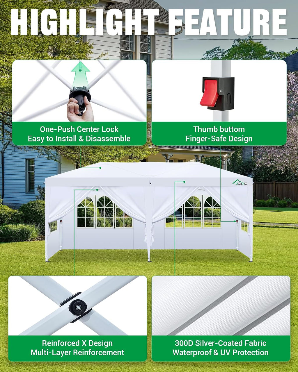 Acepic 10x20 Pop Up Canopy Tent with 6 Removable Sidewalls, 2 Central Lock Easy Set-up Outdoor Party Tent, Commercial Grade Waterproof Party Gazebo with Church Windows, White