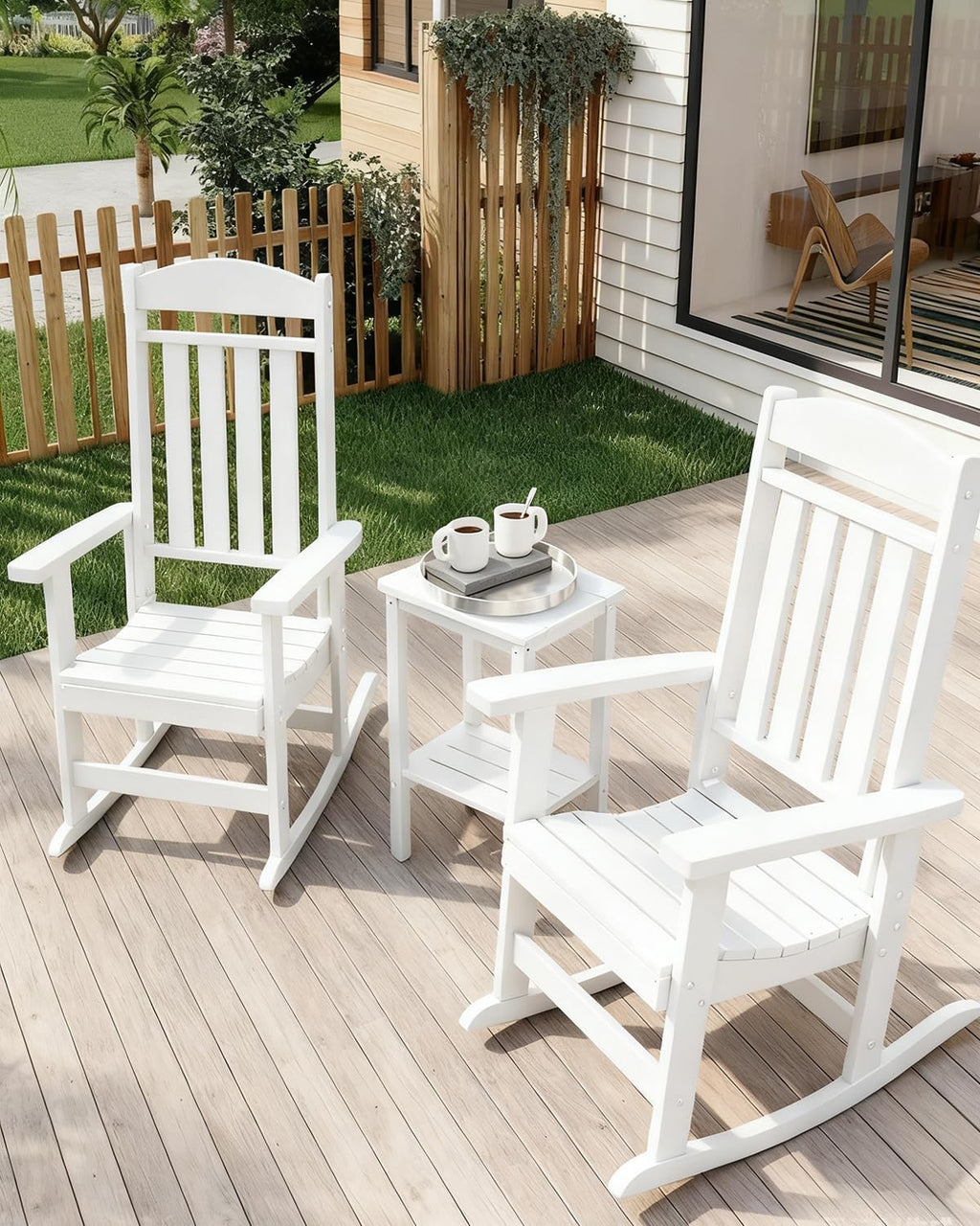 NAVINE 3-Piece Outdoor Rocking Chair Set, Oversized Porch Rocking Chair Set of 2 with Side Table, Suitable for Patio, Porch, Backyard
