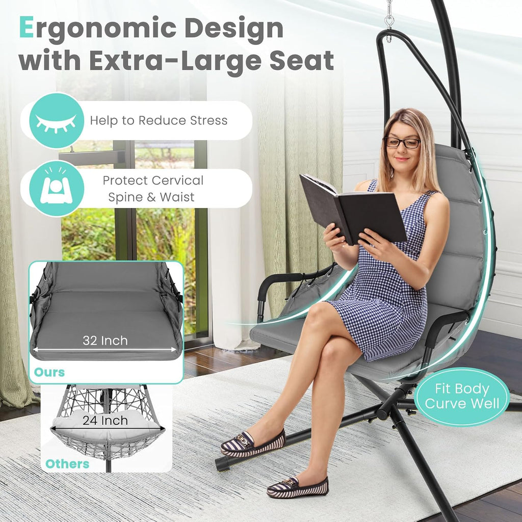 Tangkula Swing Chair with Stand, Hanging Egg Chair with Cushion, Indoor Outdoor Hammock Chair with Steel Rustproof Frame for Patio Backyard Porch Garden