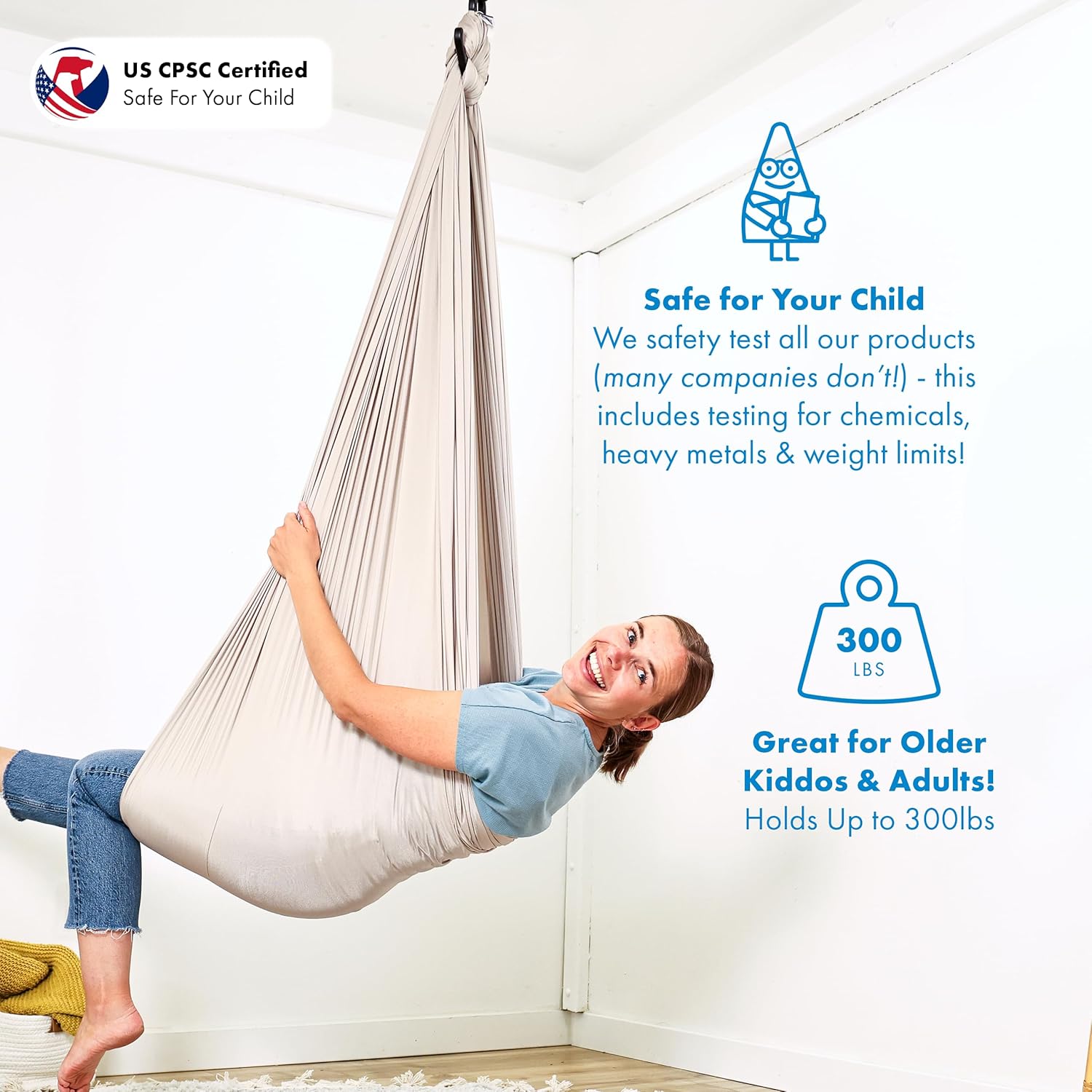Harkla Sensory Swing for Kids & Adults - Holds 300lbs, Indoor Outdoor Sensory Swing for Hug Like Calming Effect - Durable Soft Stretch Fabric and Heavy Duty Hardware (Gray, 100' Swing + 5' Swivel)