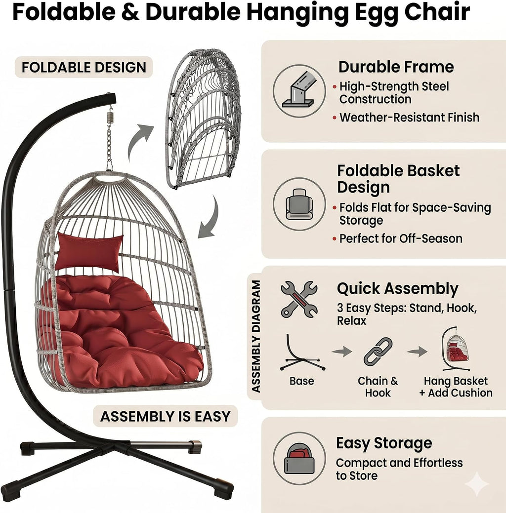 Foldable Hanging Egg Chair with Stand, HDPE Rattan and Heavy Duty Aluminum-Steel Frame, Outdoor Patio Wicker Swing Egg Chair with Headrest and Cushion, 350 Lbs Capacity, Red