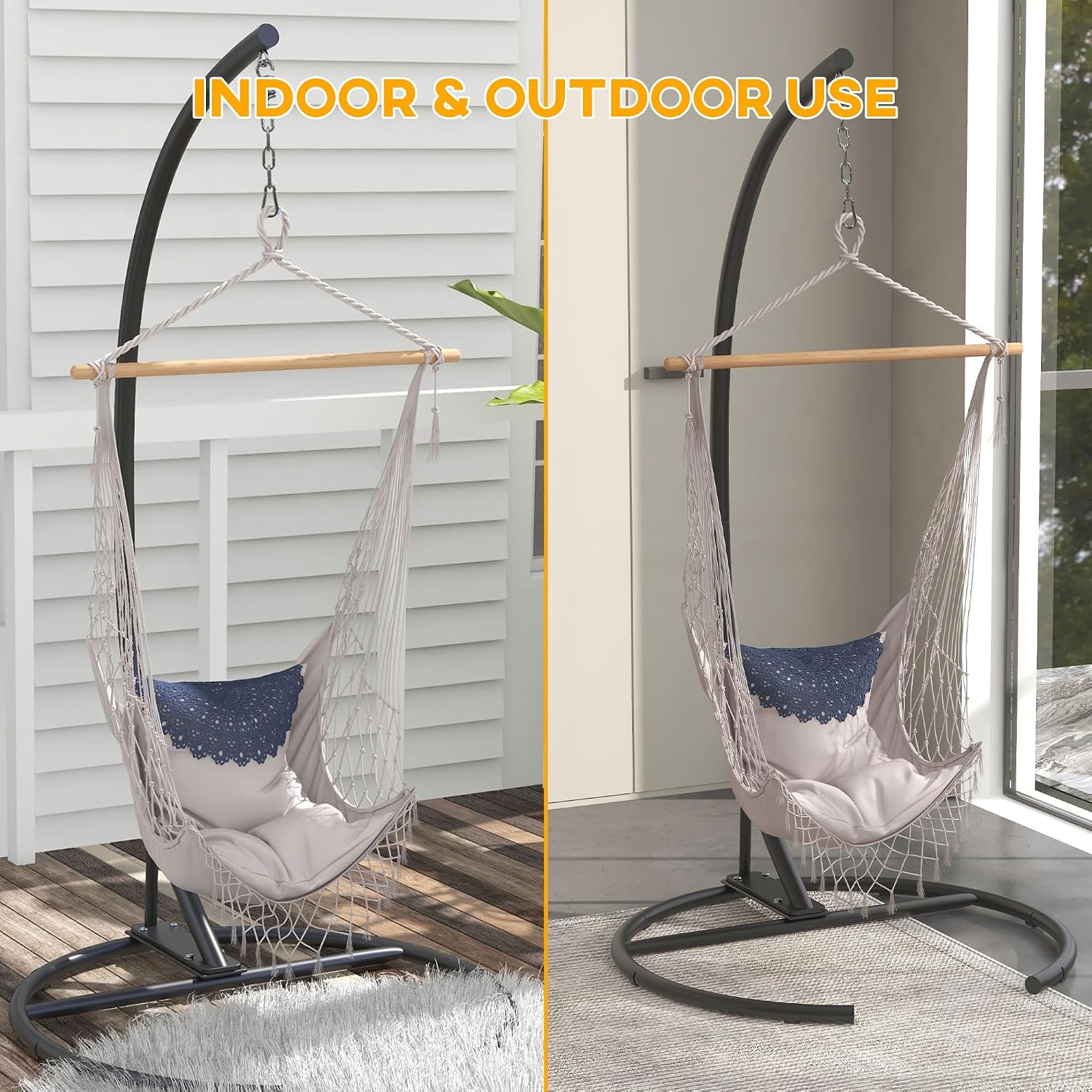 Outsunny Hanging Hammock Chair Stand with Round Base, C Hanging Stand Frame for Hammock Chair, Egg Chair, Porch Swing Chair, Indoor & Outdoor, Black