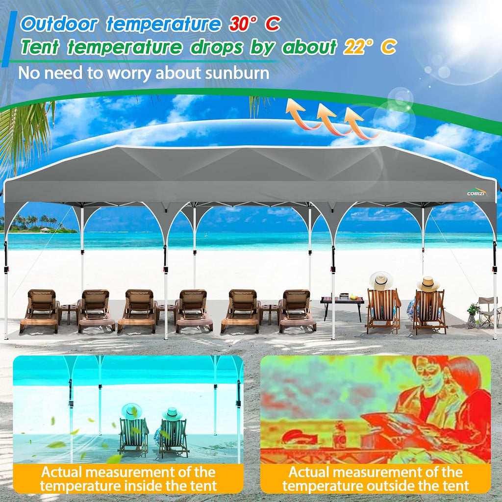 COBIZI 10x30 Pop Up Canopy Tent for Parties with 5 Sidewalls| Push Center Lock & Air Vent| Waterproof & UPF50+ |Gazebo Outdoor Tent for Party,Wedding,BBQ with 4 Sandbags, 8 Stakes & 16 Ropes,Grey