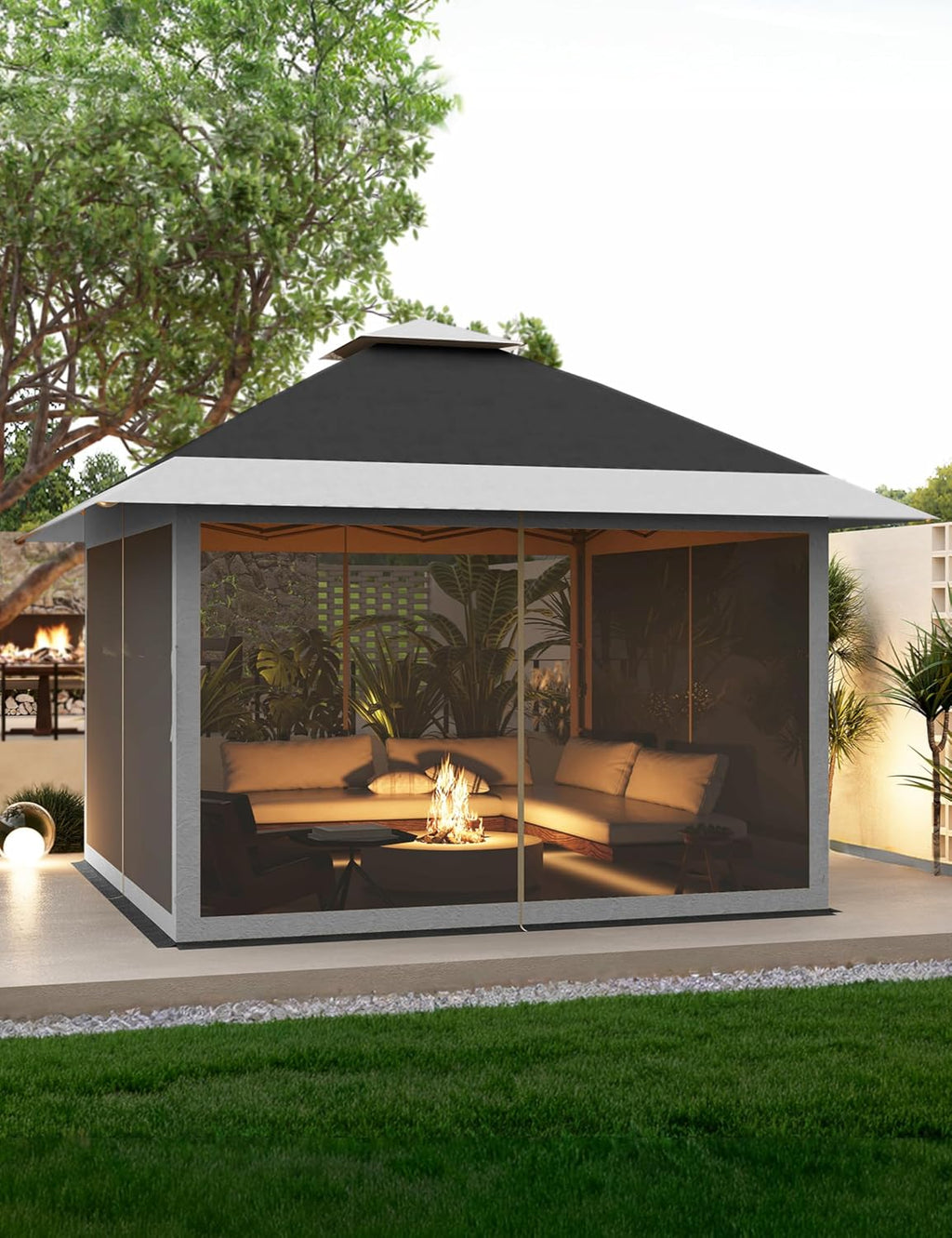 KYBOLT 12x12 Pop Up Gazebo Instant Canopy Tent with Netting 4 Stanbags Outdoor Shelter for Lawn, Garden, Backyard, Deck (Charcoal Grey + Light Grey)