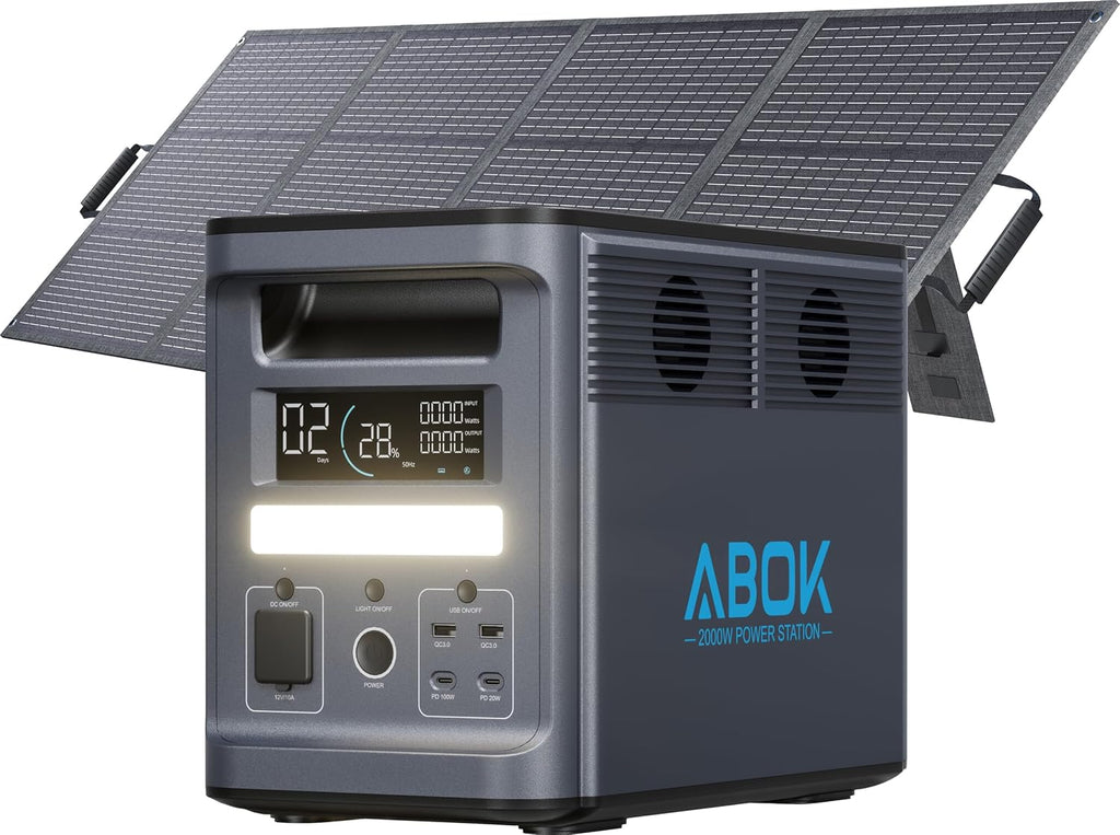 1536Wh 2000W ABOK Ark2000 Solar Generator with 200W Solar Panel, LiFePO4 Battery, Expandable to 4.6kWh, 1.3 Hrs 0-100%, UPS, App, AC Portable Power Station for Camping, Emergency, RV, Off-Grid Living