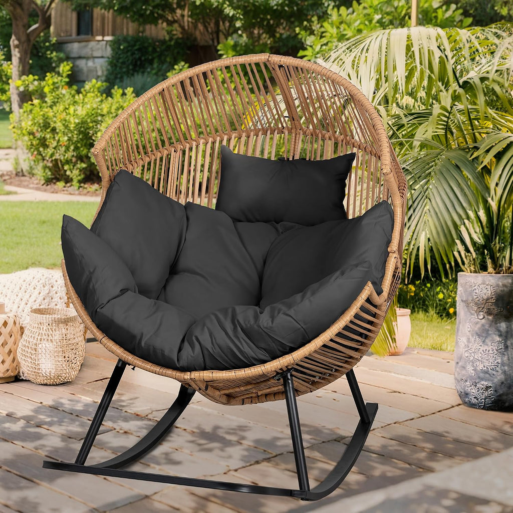 Vongrasig Wicker Egg Chair PE Rattan Rocking Chair with Cushion, Oversized Patio Lounge Rocker Chair for Outdoor, Indoor, Balcony, Backyard, Garden, Black