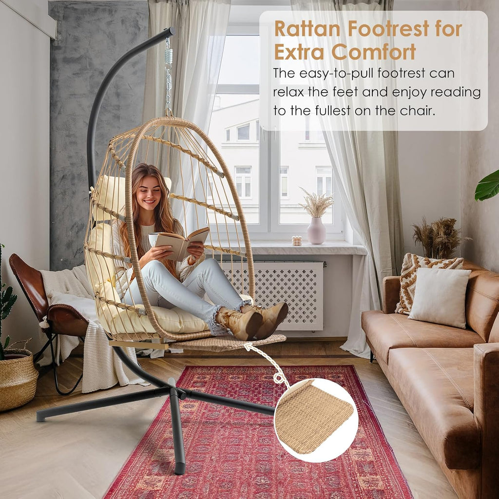 Brafab Hanging Egg Chair with Stand and Footrest, Wicker Egg Swing Chair Indoor Outdoor Aluminum-Steel Frame and UV Resistant Cushion, Patio Lounge Hammock Chairs for Bedroom 370LBS Capacity, Begie