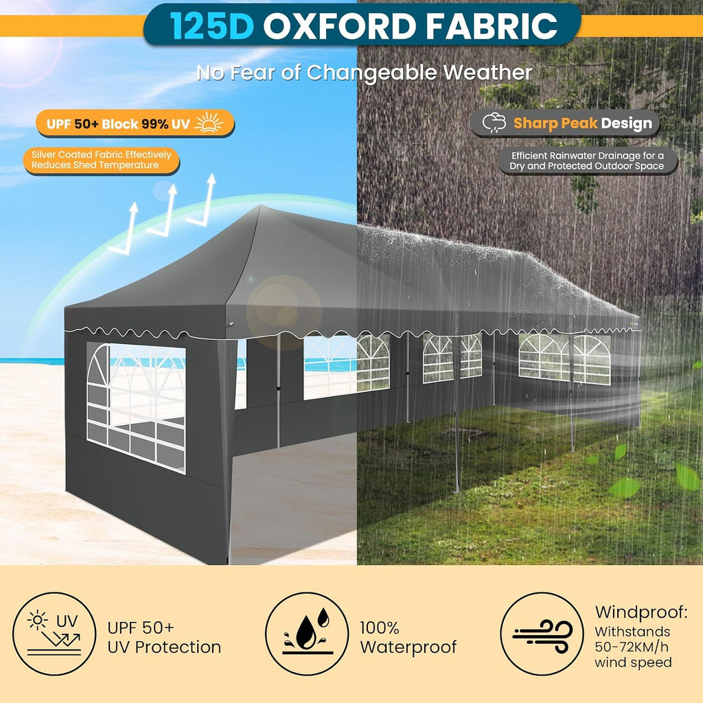 HOTEEL 10x30 Pop Up Canopy with 8 Sidewalls, Easy Setup Party Tent with Weight Bags, Wheeled Bag, Waterproof Event Shelter with Extra Roof Height for Backyard, Wedding (Green Gray)