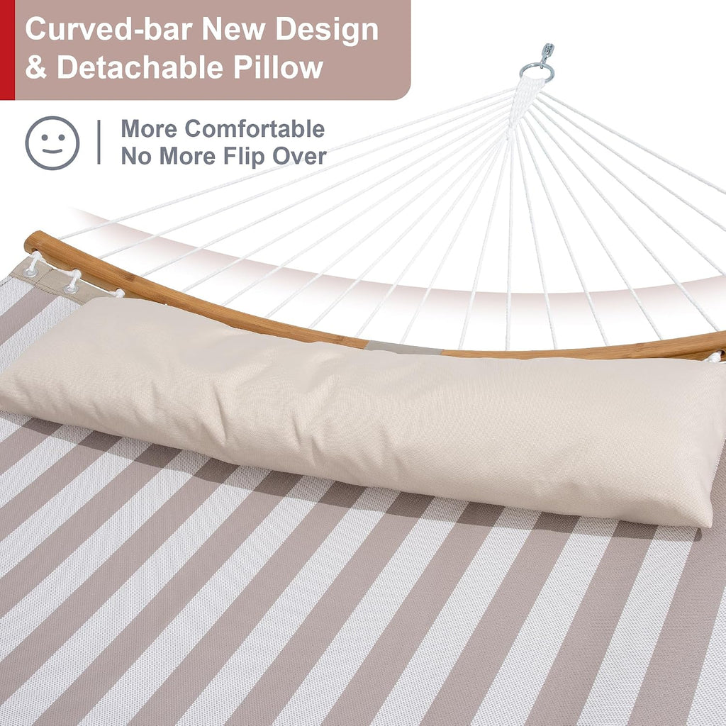 Double Hammock with Stand for Outside, Quick Dry Hammock with Curved Spreader Bars, Pillow and Carrying Bag, 450 Lbs Capacity, Light Brown Stripe