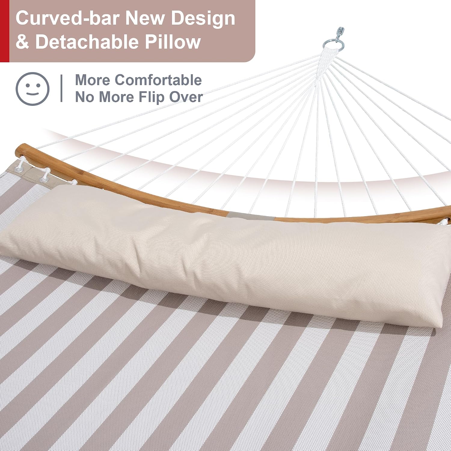 Double Hammock with Stand for Outside, Quick Dry Hammock with Curved Spreader Bars, Pillow and Carrying Bag, 450 Lbs Capacity, Light Brown Stripe
