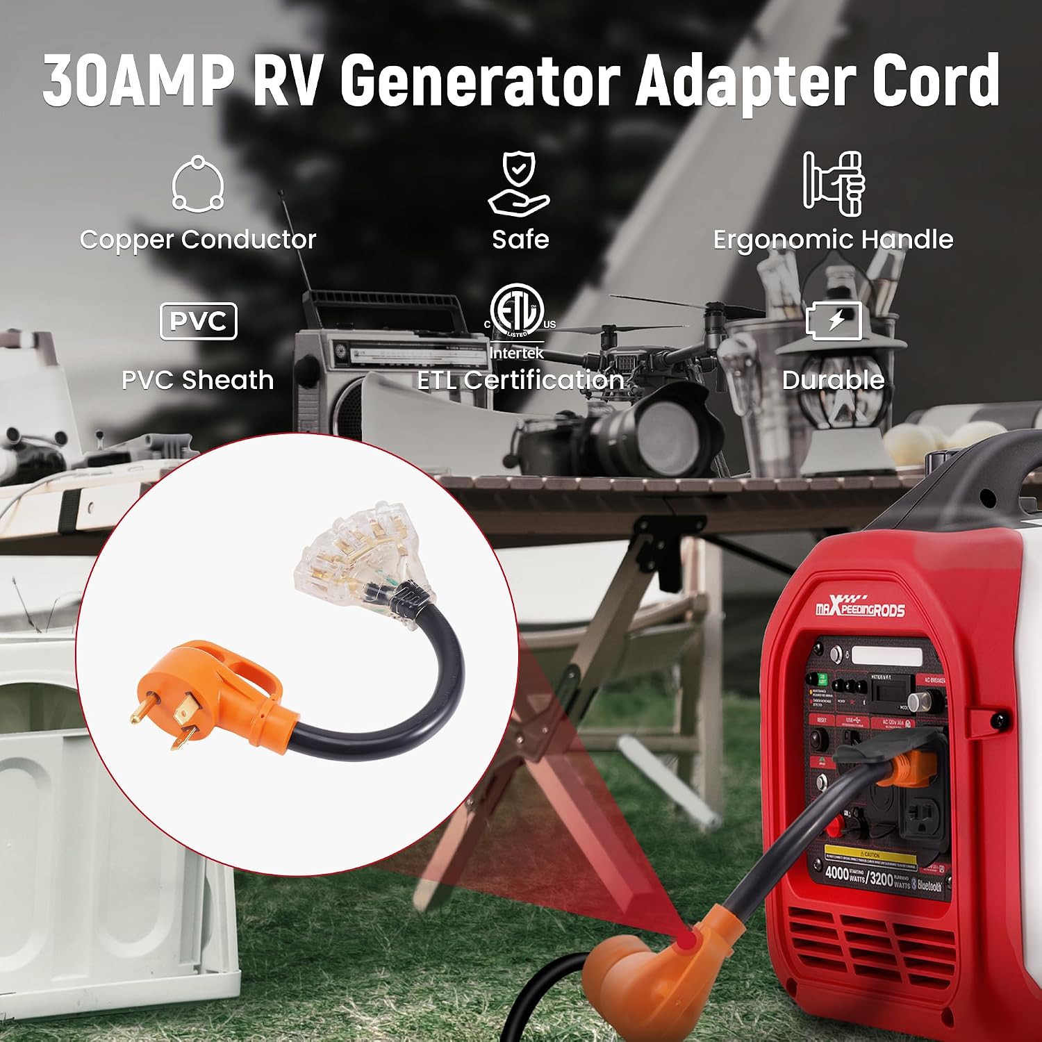 maXpeedingrods Portable 4000 Watt Inverter Generator with RV Power Adapter Cord 15Amp to 30Amp, NEMA 5-15P to TT-30R
