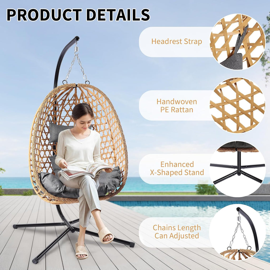 DoubleTT Egg Chair with Stand, Patio Wicker Hanging Chair, Hammock Swing Chair, 350LBS Capacity for Bedroom, Balcony, Garden (YE-GR)