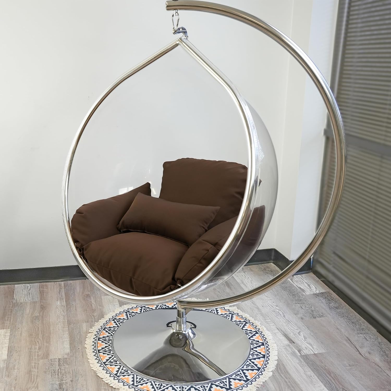Hanging Chair - Transparent Acrylic Bubble, Waterdrop Shape, Indoor Swing Chair with Gold/Chrome Stand, Durable Fabric Cushion - Luxury Accent for Living Room, Bedroom (Chrome/DarkCoffee)