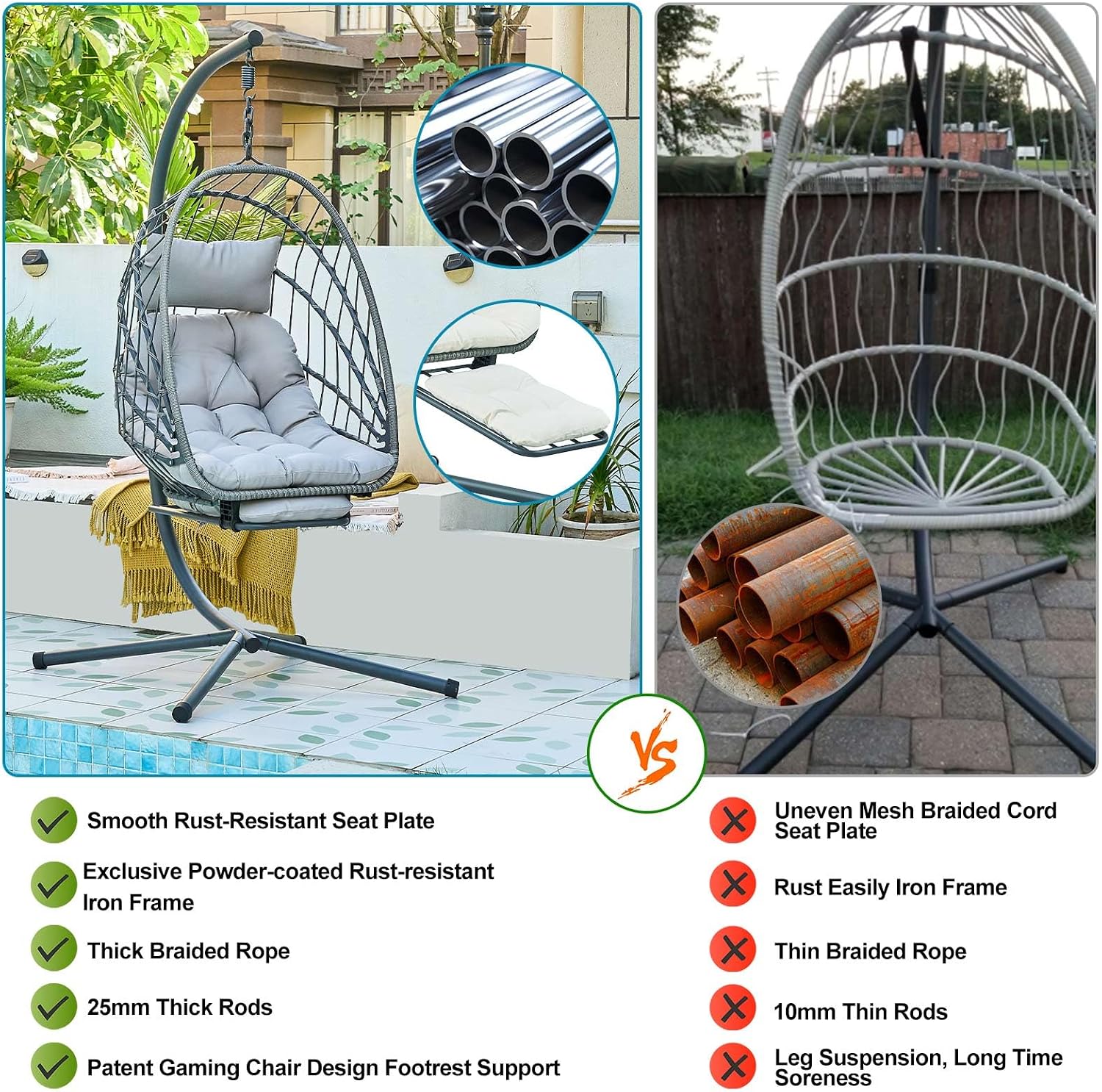 Hanging Egg Chair with Leg Rest and Stand – Rattan Wicker Swing Hammock Chair, UV-Resistant Cushion, Heavy-Duty Frame for Indoor & Outdoor Patio, Bedroom, Balcony, Garden – 330 lbs Capacity(Grey)
