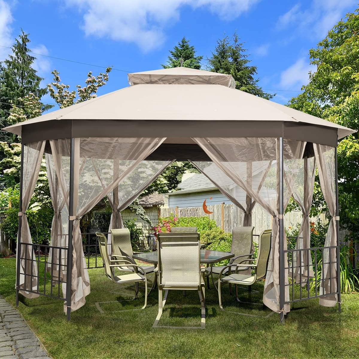 Tangkula 10 x 12 Ft Patio Gazebo, Heavy Duty Octagonal Canopy Gazebo w/Netting Sidewalls and Sturdy Steel Frame, Double Roof Vented Gazebo Canopy Shelter for Backyard Event Party BBQ (Beige)