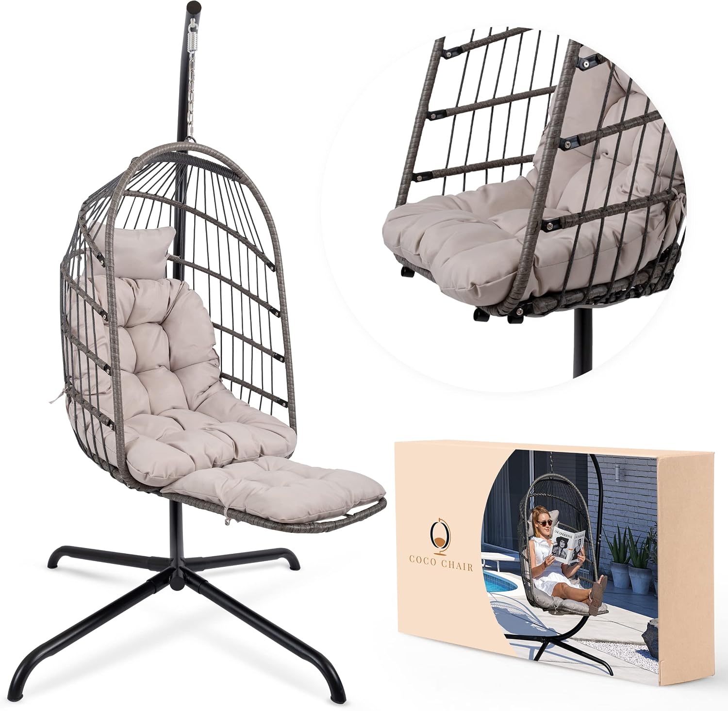 Hanging Egg Chair with Stand & Leg Rest | Modern, Boho-Chic Outdoor & Indoor Swing Chair | Grey