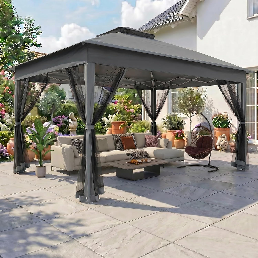 COBIZI 13x13 Pop Up Canopy Tent-Gazebos On Clearance Upgrade Metal Outdoor Canopy Waterproof - Portable Gazebo with Mosquito Nettings, 4 Ropes 8 Stakes and Carry Bag for Patio Garden(Gray)