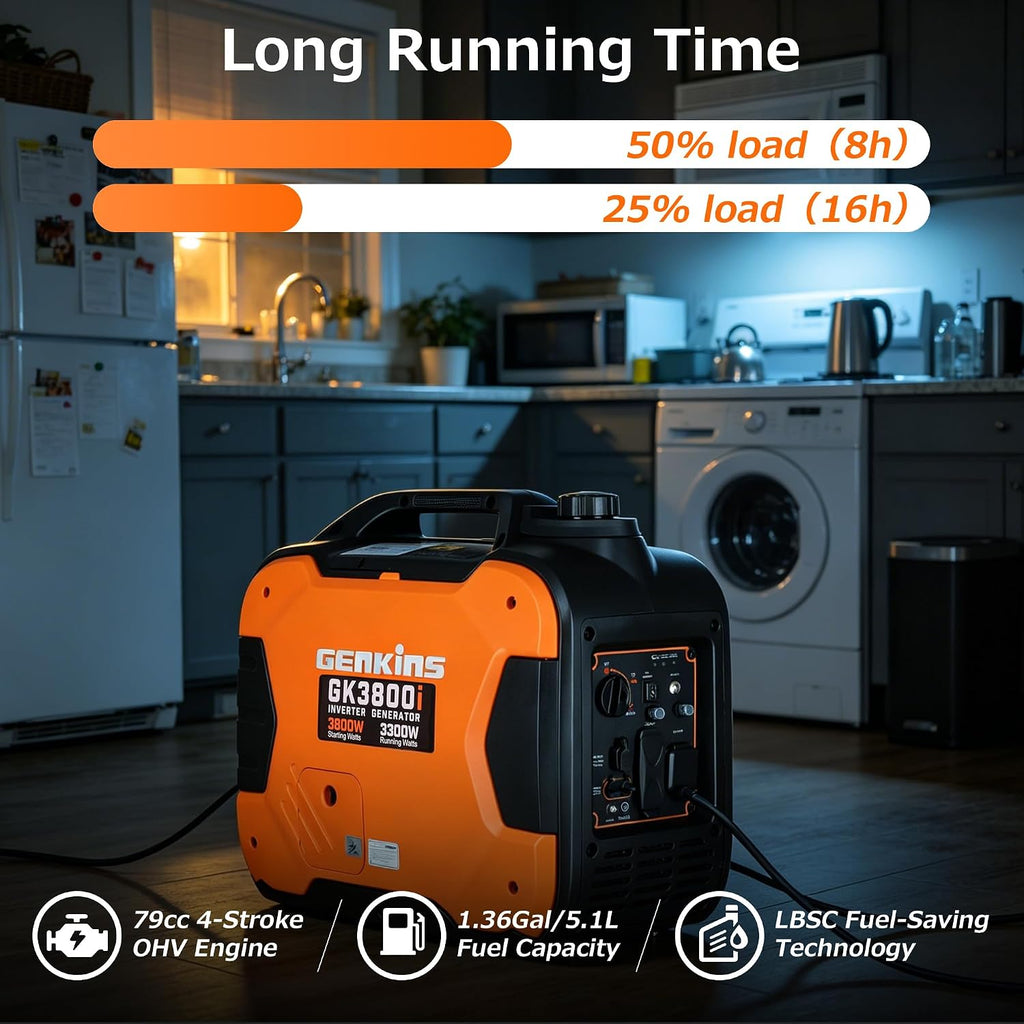 GENKINS Portable Inverter Generator 3800 Watt Gas Generato Super Quiet with Parallel Capability for RV Ready Camping Outdoor, EPA Compliant