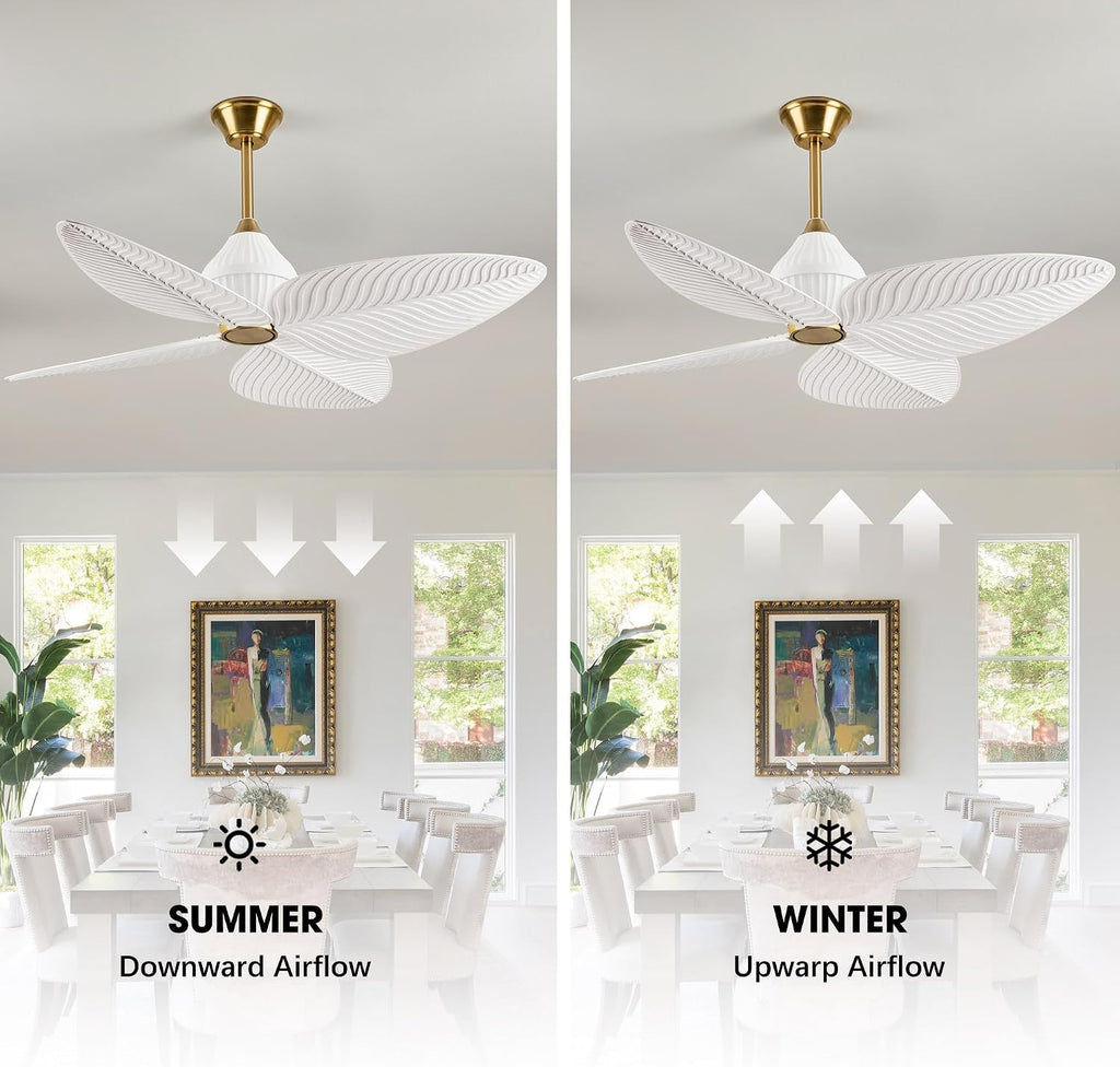 52' Tropical Ceiling Fans, Flush Mount Palm Leaf Ceiling Fan no Light, Indoor Ceiling Fans Without Light for Living Room Bedroom Kitchen Covered Gazebo, APP and Remote Control-White Gold
