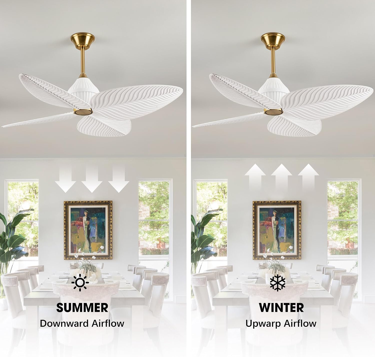 52' Tropical Ceiling Fans, Flush Mount Palm Leaf Ceiling Fan no Light, Indoor Ceiling Fans Without Light for Living Room Bedroom Kitchen Covered Gazebo, APP and Remote Control-White Gold