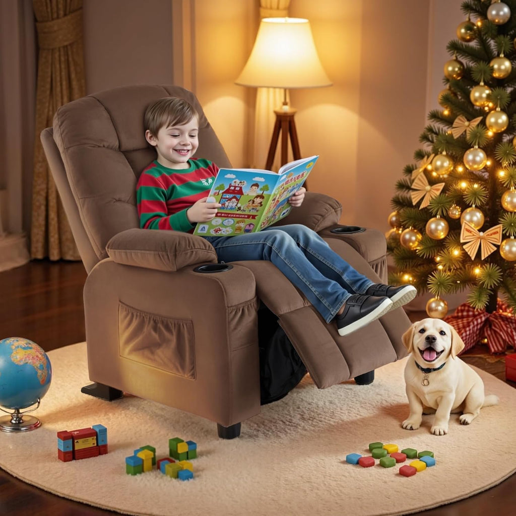 MCombo Big Kids Recliner for Ages 3+, Child Reclining Chair, Toddlers Recliner Sofa with Cup Holders (Velvet, Brown)