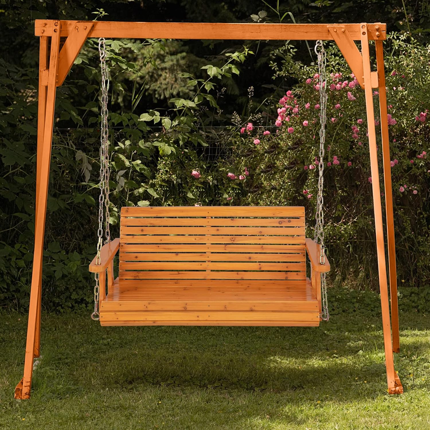 Giantex Wooden Porch Swing 2 Seat - Outdoor Swinging Chairs with Hanging Chains, 600 lbs Weight Capacity, 4 FT Finished Fir Wood Bench Swing for Patio, Outside, Garden, Lawn, Backyard (Orange)