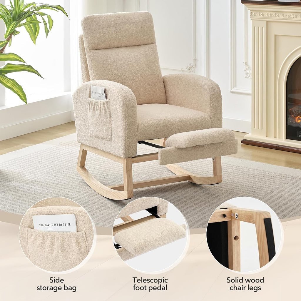 Rocking Chair Nursery, Nursing Rocking Chairs with Foot Rest for Mom Nursery,Rocker Glider Chair with High Backrest for Living Room, Bedroom, Upholstered Lounge Chair with Solid Wood Base for Relaxin