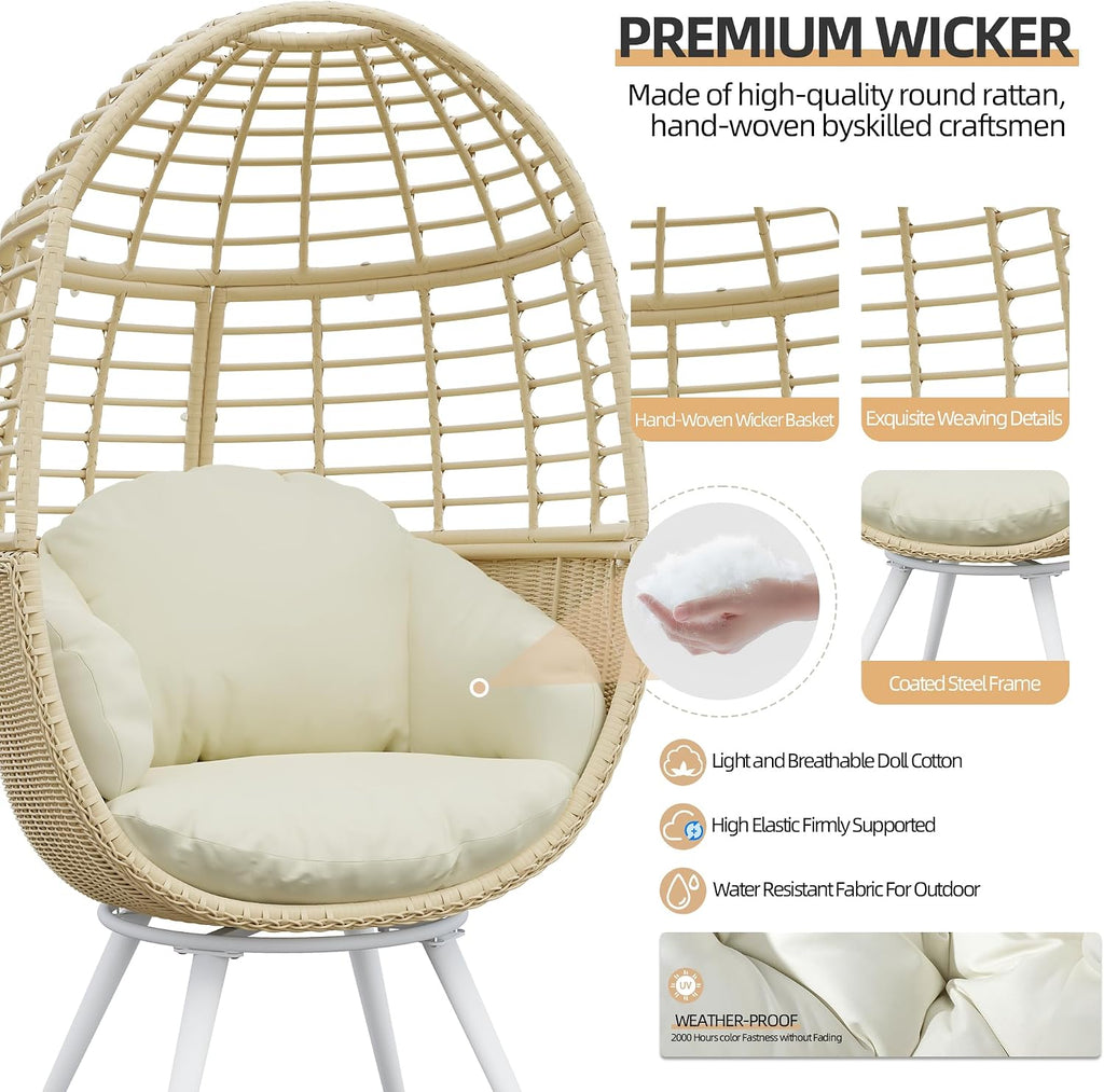 TWT Egg Swivel Chair Beige Outdoor - Rattan Wicker Patio Hammock Chair with Metal Frame and UV Resistant Cushion for Indoor Bedroom Balcony (Swivel Base)
