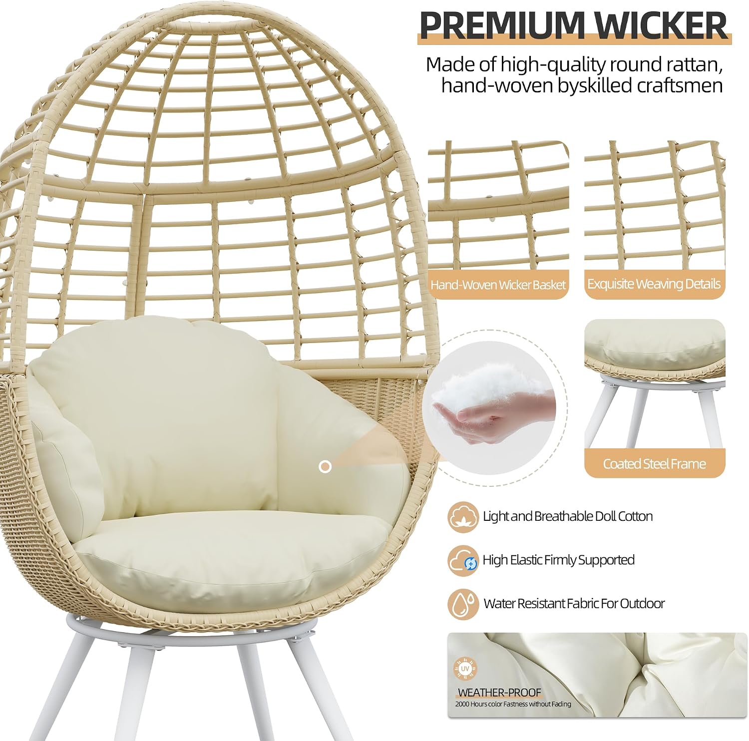 TWT Egg Swivel Chair Beige Outdoor - Rattan Wicker Patio Hammock Chair with Metal Frame and UV Resistant Cushion for Indoor Bedroom Balcony (Swivel Base)