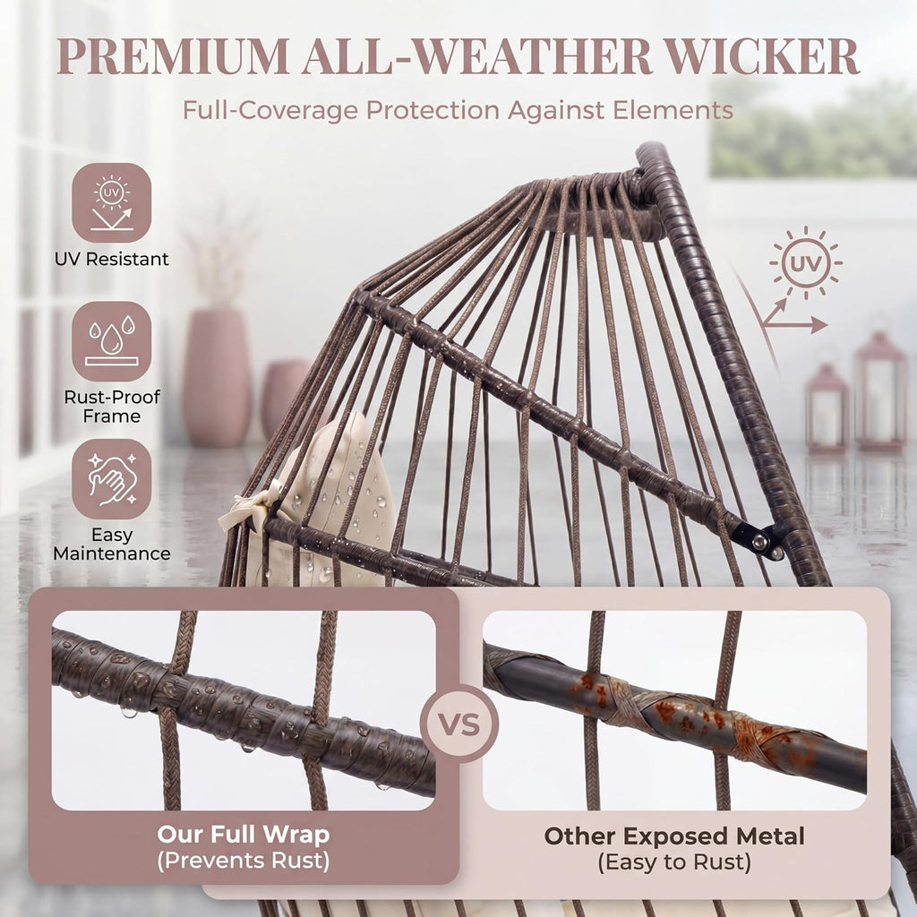BLUEXYARD Outdoor Hanging Egg Chair with Stand, 350 Lbs Capacity Wicker Rattan Swing Chair with Cozy Cushion, Foldable Weather-Resistant Basket Hammock for Patio Balcony Lawn Bedroom, Brown Tan