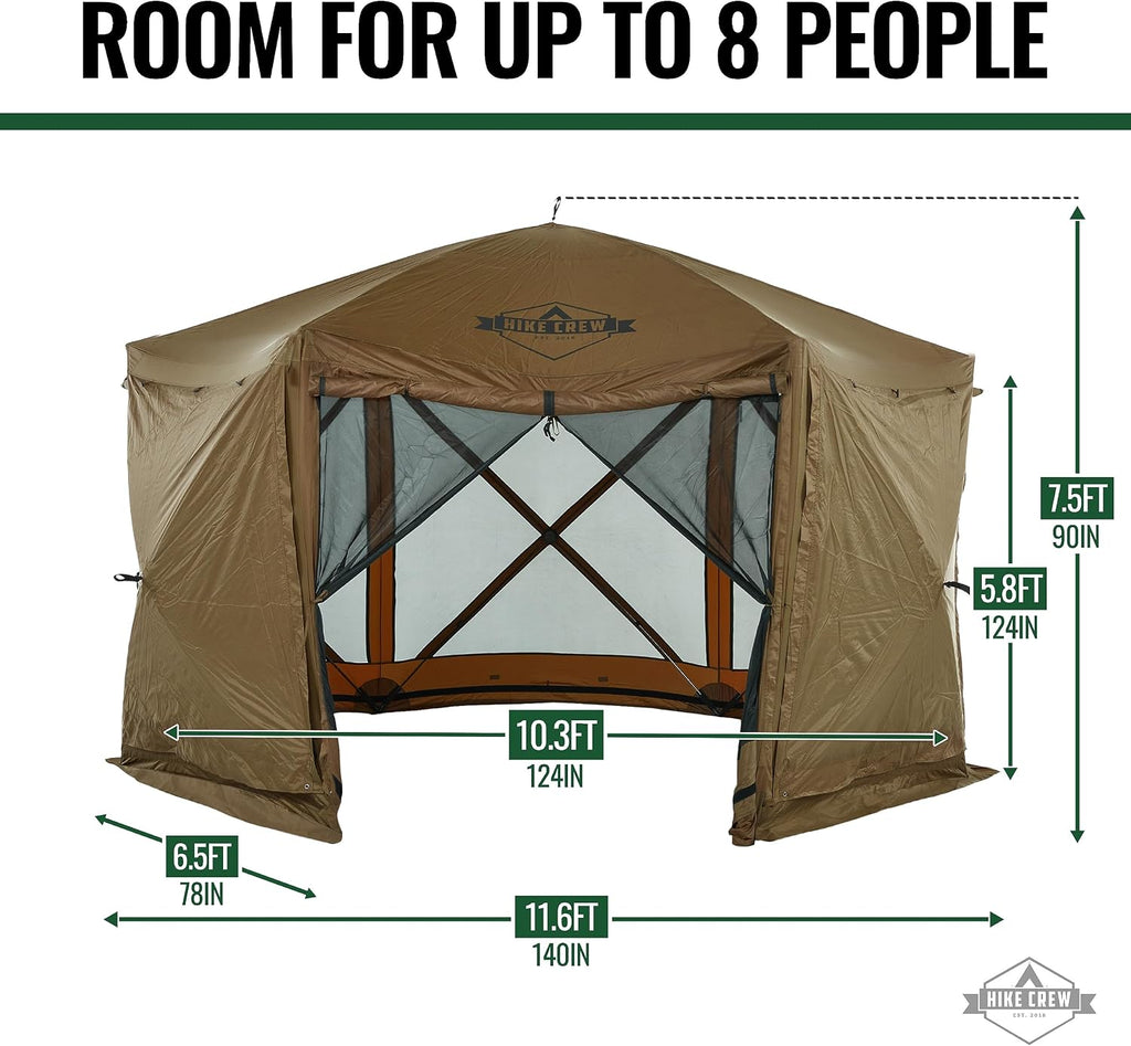 Hike Crew 12'x12' Pop-Up Gazebo Screen Tent | 6-Sided Outdoor Canopy Shelter w/Built-in Zippered Wind Panels, Built-in Awning, Stakes, Ropes & Carry Bag for Camping & Sports | UV Resistant SPF 50+