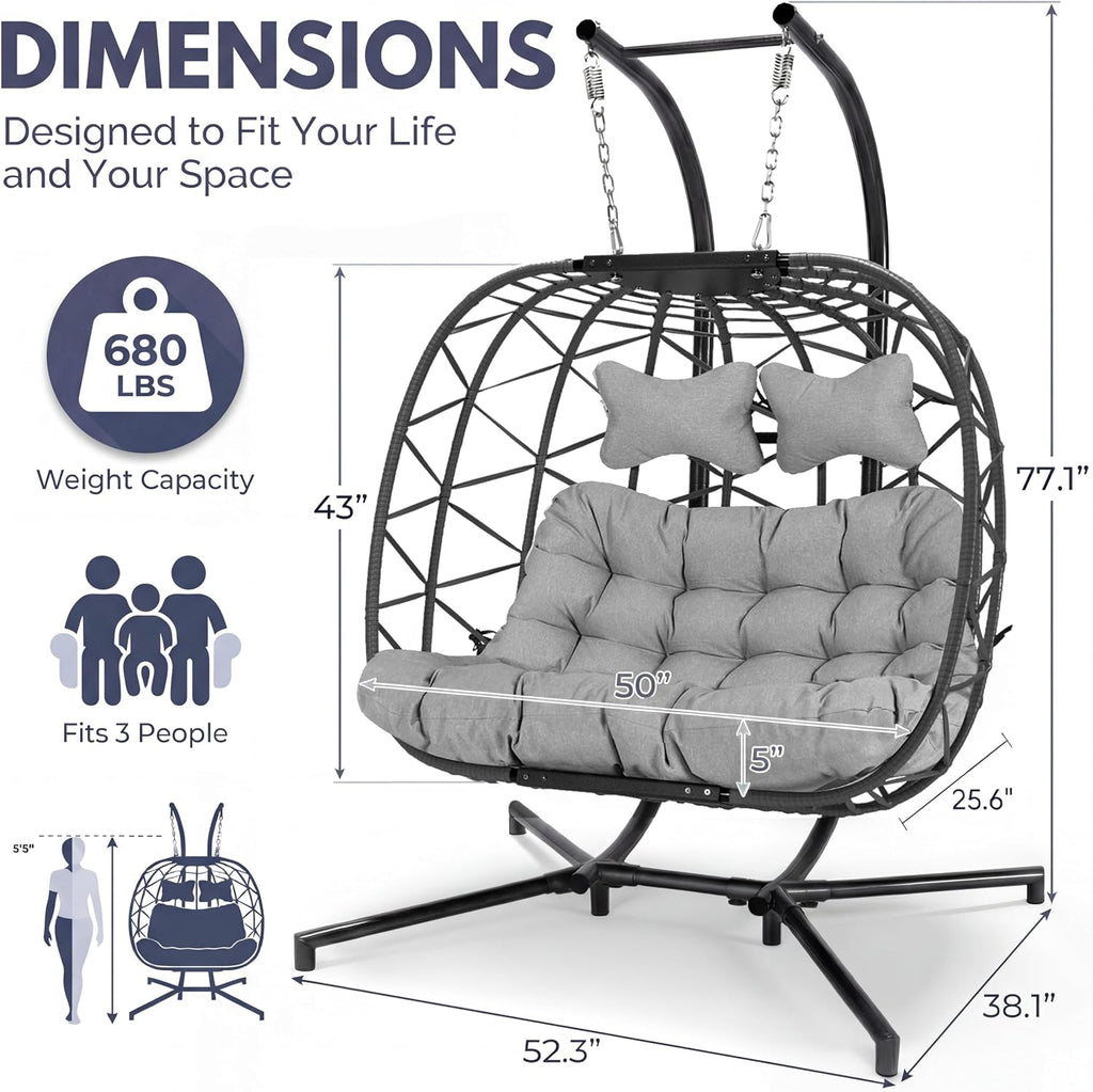 BULEXYARD Outdoor Double Egg Swing Chair with Stand, Extra Large 2 Seater Wicker Hammock Loveseat with Cushion, Oversized Hanging Patio Chair for Bedroom Porch Living Room Backyard, Light Grey