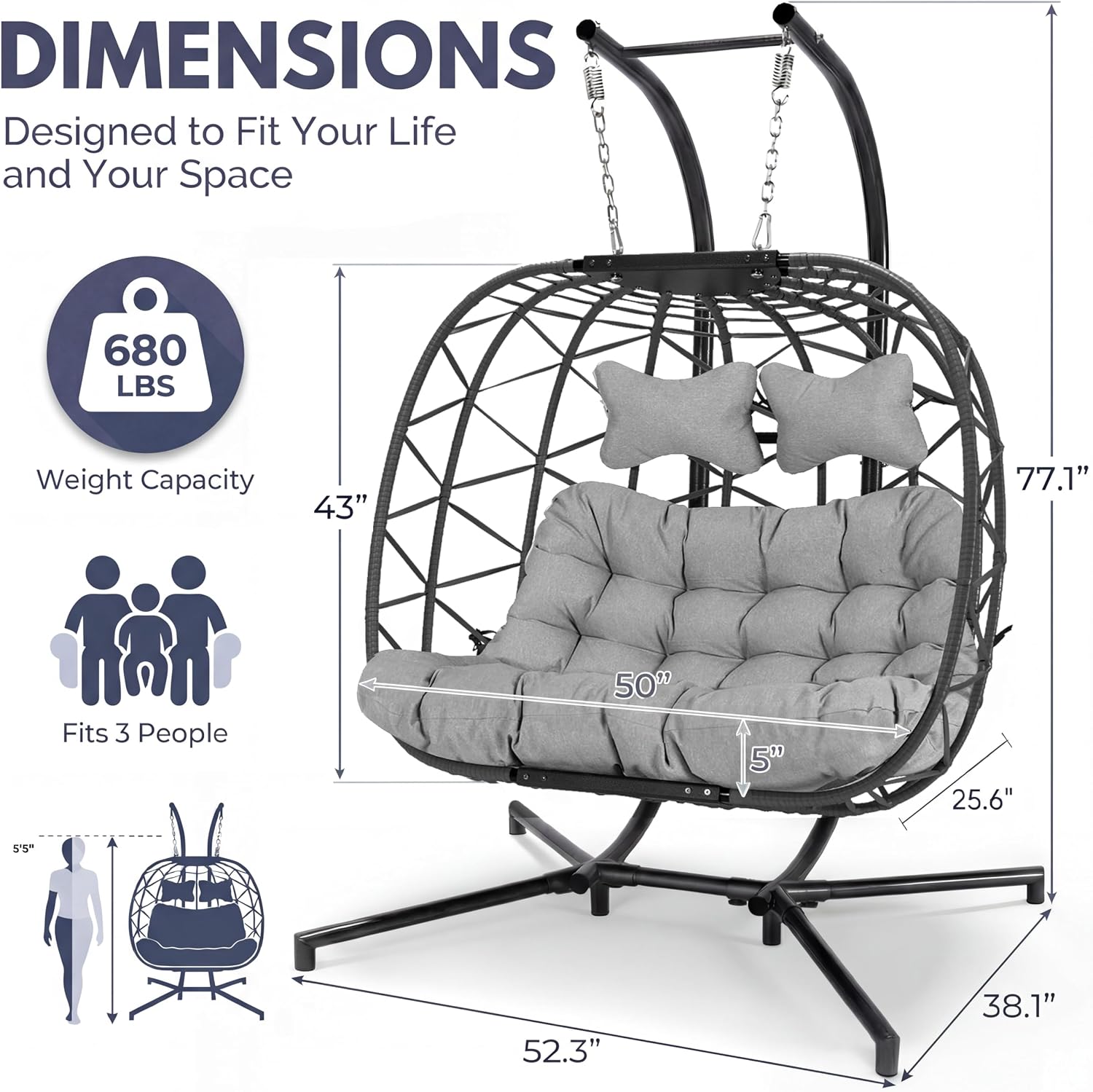BULEXYARD Extra Large 2 Person Double Egg Swing with Stand and Cover, Heavy Duty Outdoor Wicker Hammock Loveseat, Oversized Comfy Cushion Chair for Garden Balcony Backyard Porch, Light Grey