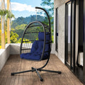 LEVELEVE Egg Chair with Stand,Patio Rattan Wicker Hanging Swing Egg Chair Hammock Chair for Porch Garden,Thickened Aluminum Alloy Steel Frame and UV Resistant Cushion,350LBS Capacity(Dark Blue)