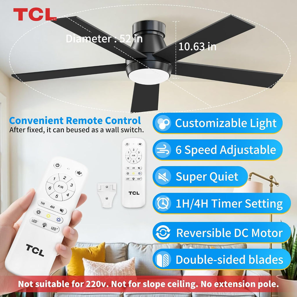 TCL 52' Black Ceiling Fan with Light and Remote, Modern LED 3-Color, 3CCT, Quiet Motor for Bedroom, Living Room, Dining Room, Ceiling Fans with Lights (Black)