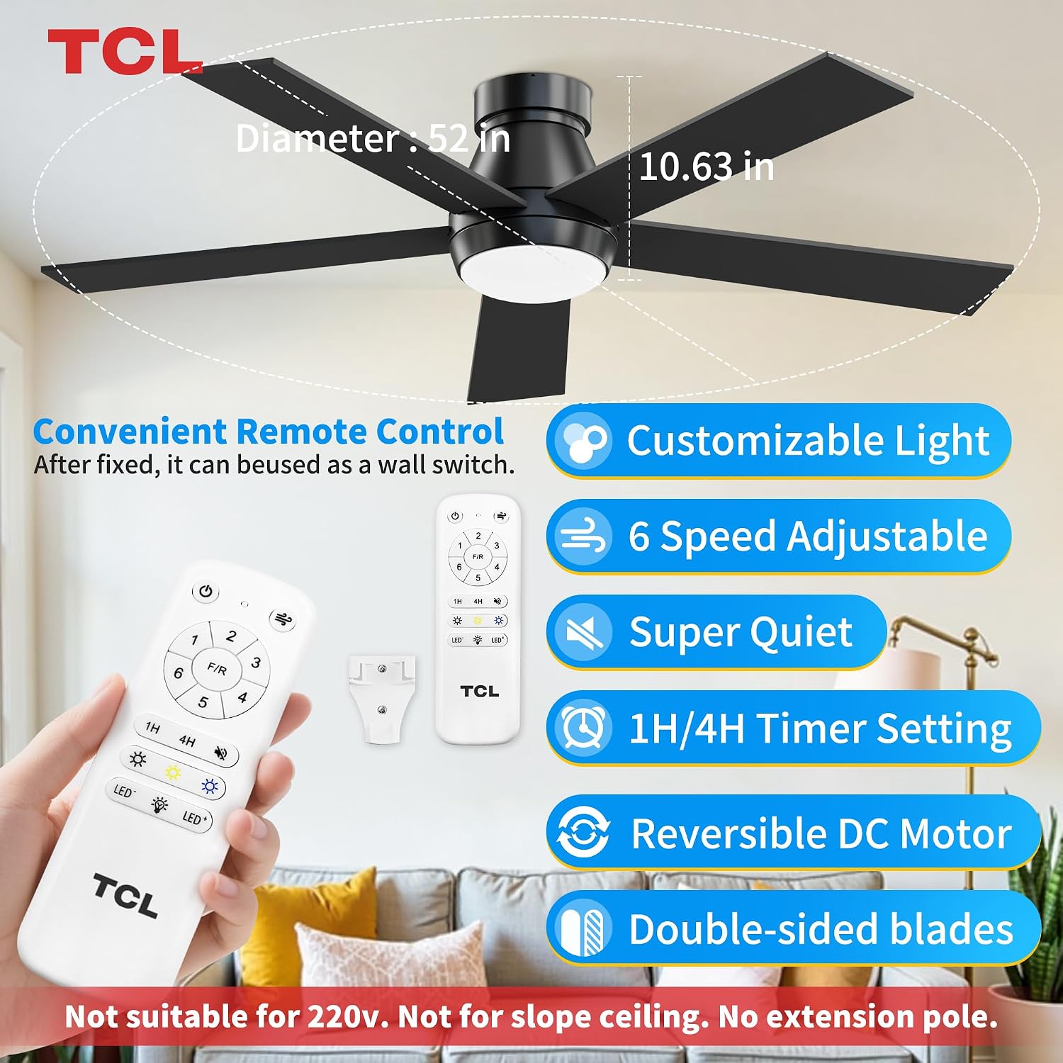 TCL 52' Black Ceiling Fan with Light and Remote, Modern LED 3-Color, 3CCT, Quiet Motor for Bedroom, Living Room, Dining Room, Ceiling Fans with Lights (Black)