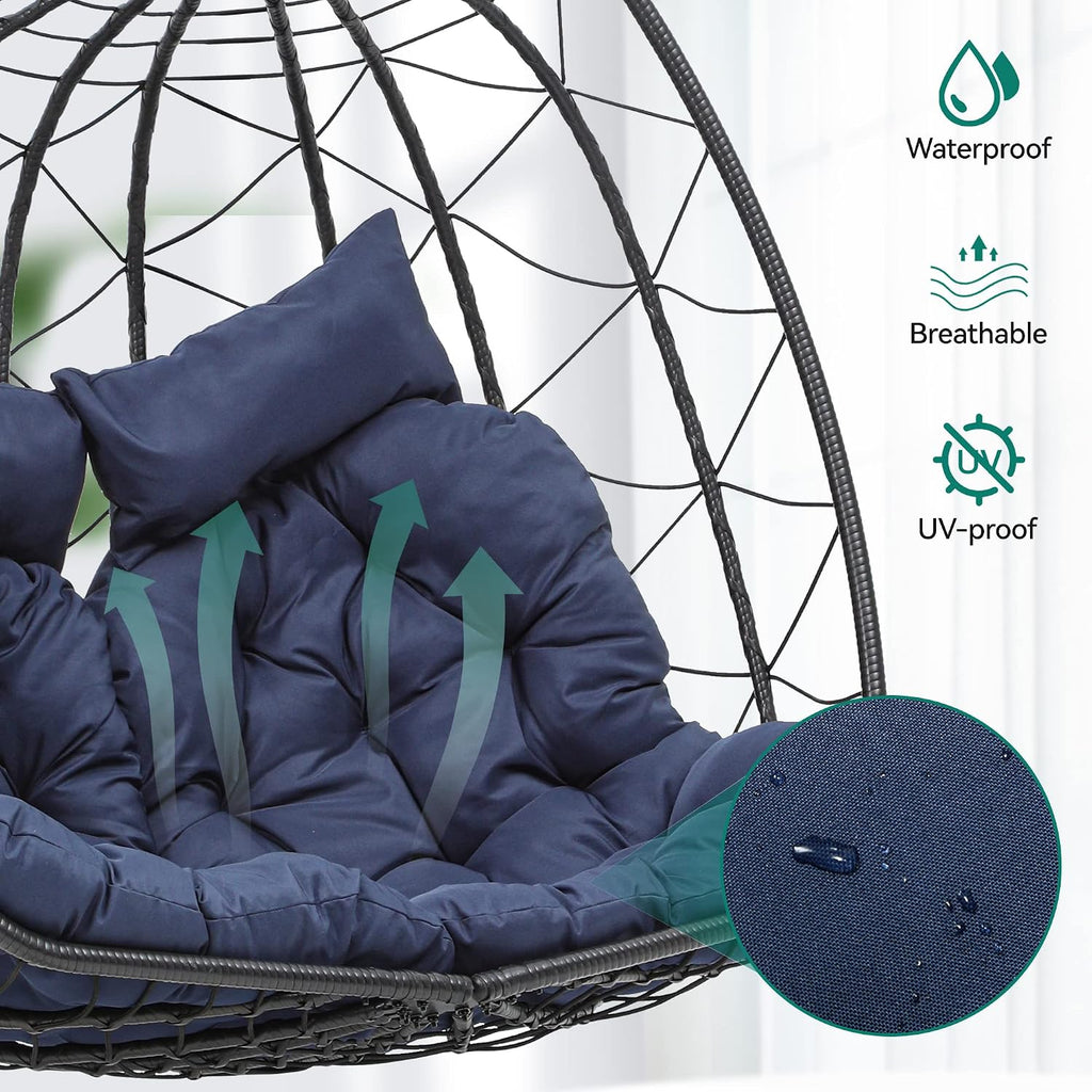 YITAHOME Hanging Egg Swing Chair with Stand Double Egg Chair 2 Person Wicker Chair Indoor Outdoor Hammock Egg Chair with Cushions 500lbs for Patio, Bedroom, Garden and Balcony, Navy Blue