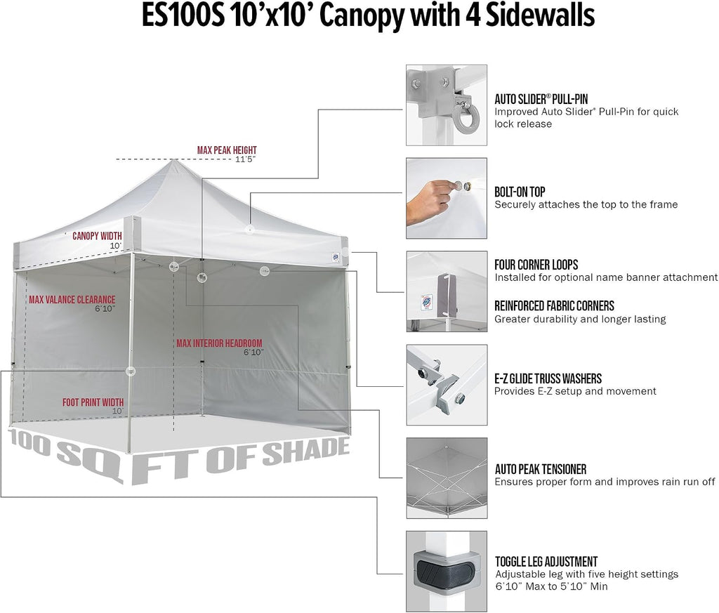 E-Z UP ES100S Instant Commercial Pop Up Canopy Tent, 10' x 10' with 3 Sidewalls, 1 Mid-Zip Sidewall and Wide-Trax Roller Bag, White