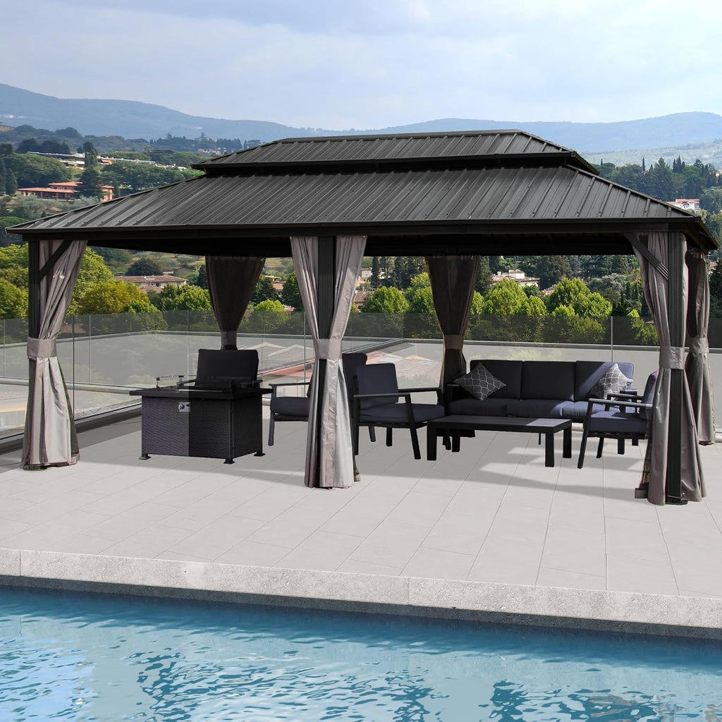 Hardtop Gazebo 12x18FT, Aluminum Outdoor Gazebo with Galvanized Steel Double Roof Canopy, Curtains and Nettings, Metal Gazebo Permanent Pavilion for Patio Wedding, Party, Outdoor Dining, Gray