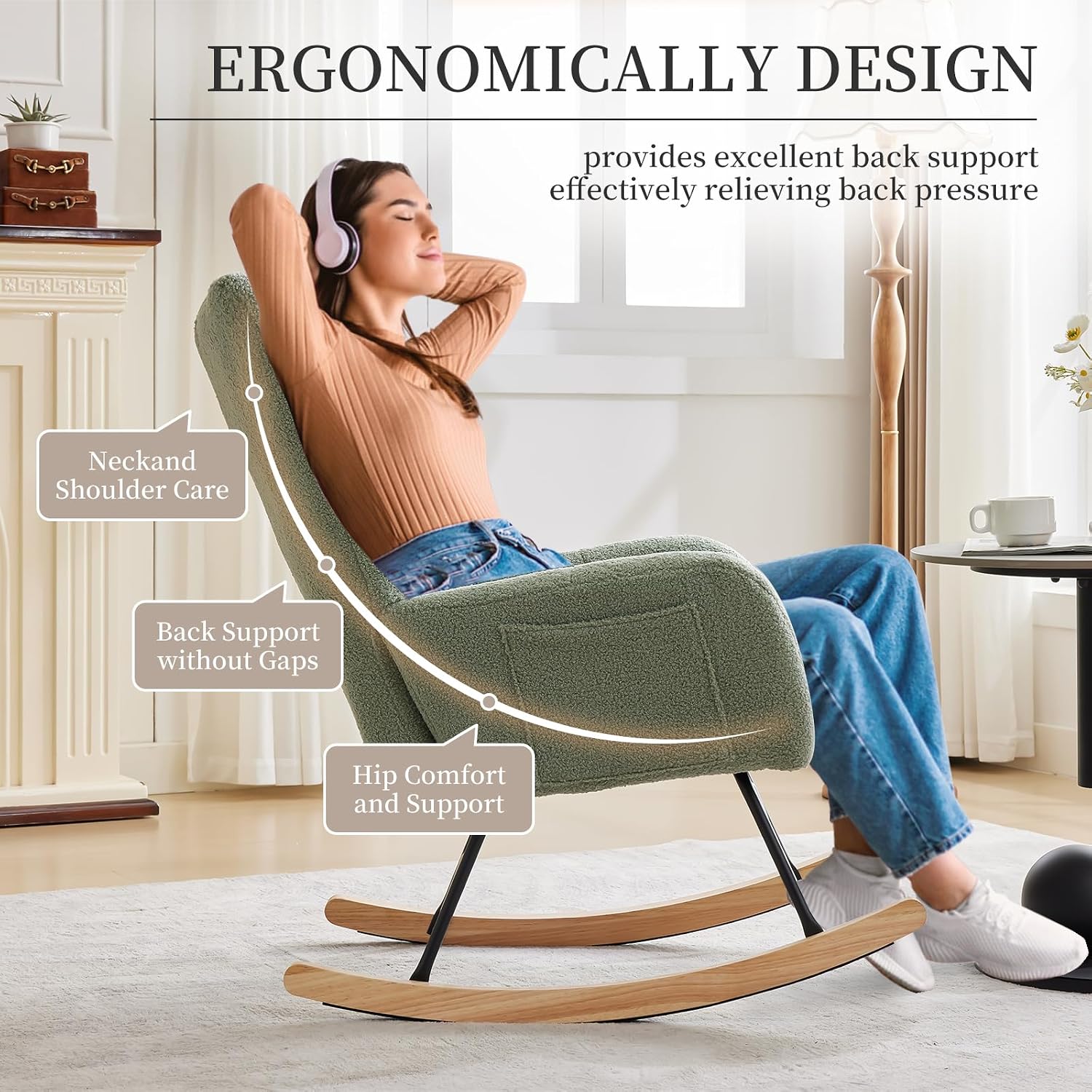 GarveeHome Rocking Chair Nursery, Teddy Upholstered Glider Chair with High Backrest, Armrest and Side Pockets, Modern Comfy Accent Armchair Reading Chair for Bedroom, Living Room