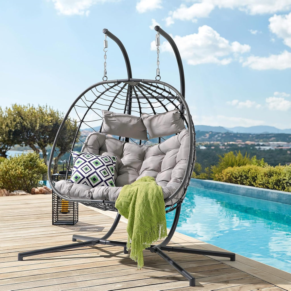Patiorama 2 Person Double Egg Swing Chair with Stand Indoor Outdoor, Patio Wicker Rattan Hanging Egg Chair w/Cushion, Pillow, Foldable Hammock Chair 550lbs for Bedroom, Balcony, Garden (Light Grey)