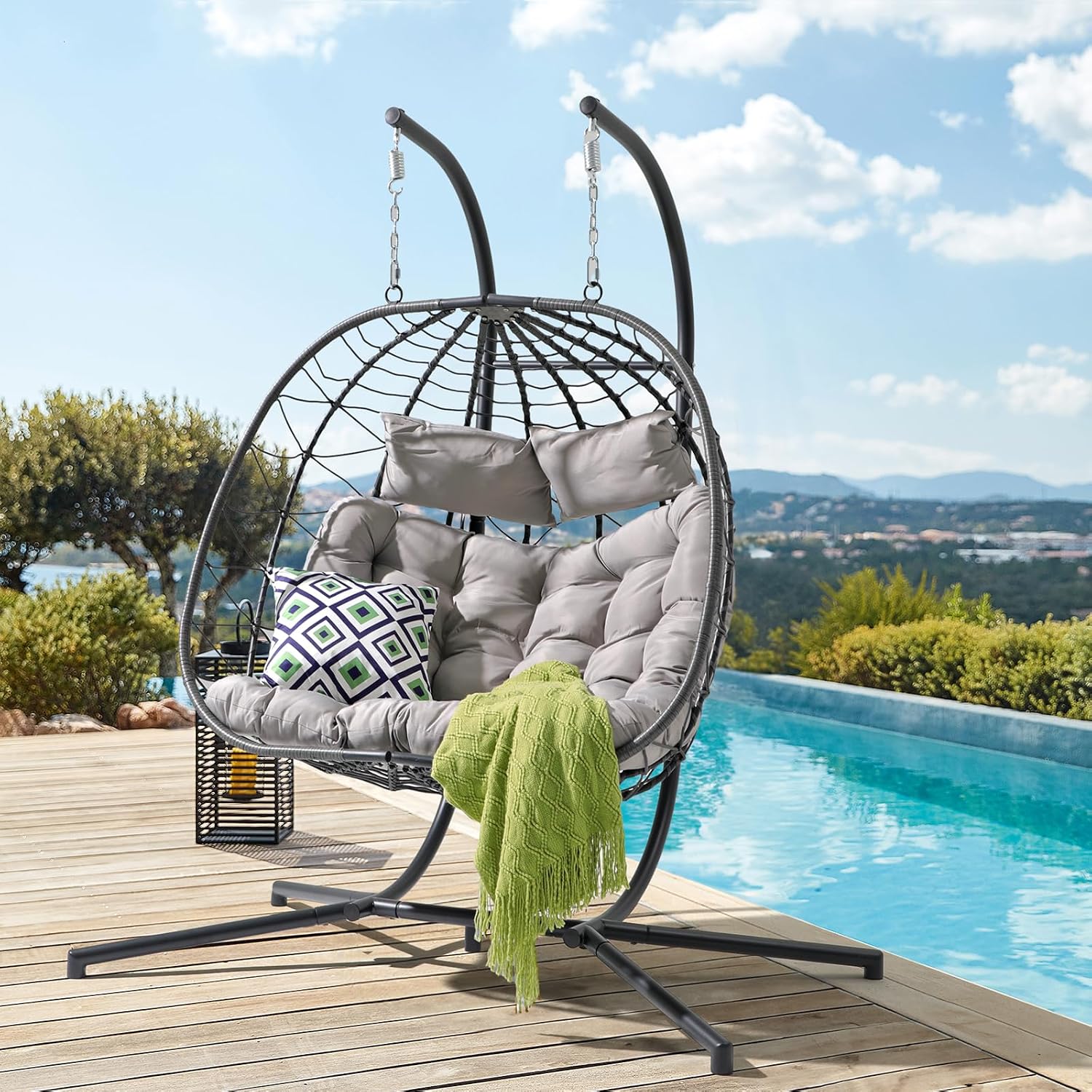 Patiorama 2 Person Double Egg Swing Chair with Stand Indoor Outdoor, Patio Wicker Rattan Hanging Egg Chair w/Cushion, Pillow, Foldable Hammock Chair 550lbs for Bedroom, Balcony, Garden (Light Grey)