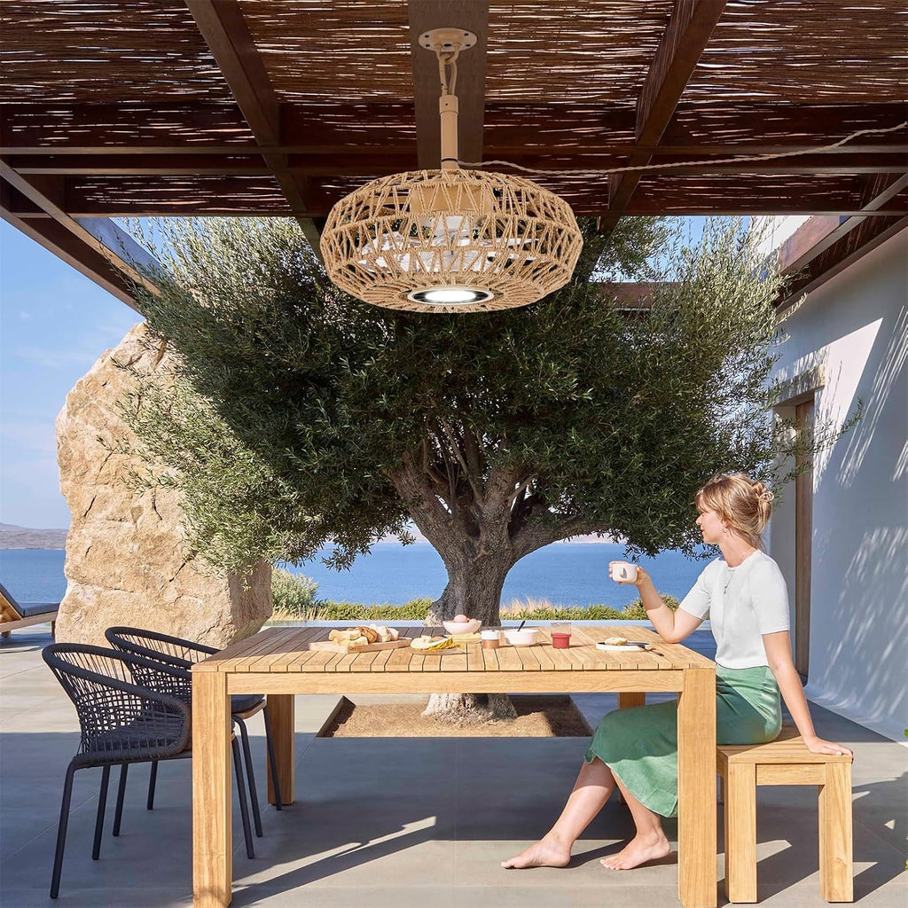 15'' Outdoor Gazebo Fan with Light, Outside/Indoor Hanging Rattan Ceiling Fan with Remote&APP Control, 3CCT Dimmable, 6-Speed DC Motor, Plug-in Wicker Woven Caged Ceiling Fans for Patio Pergola