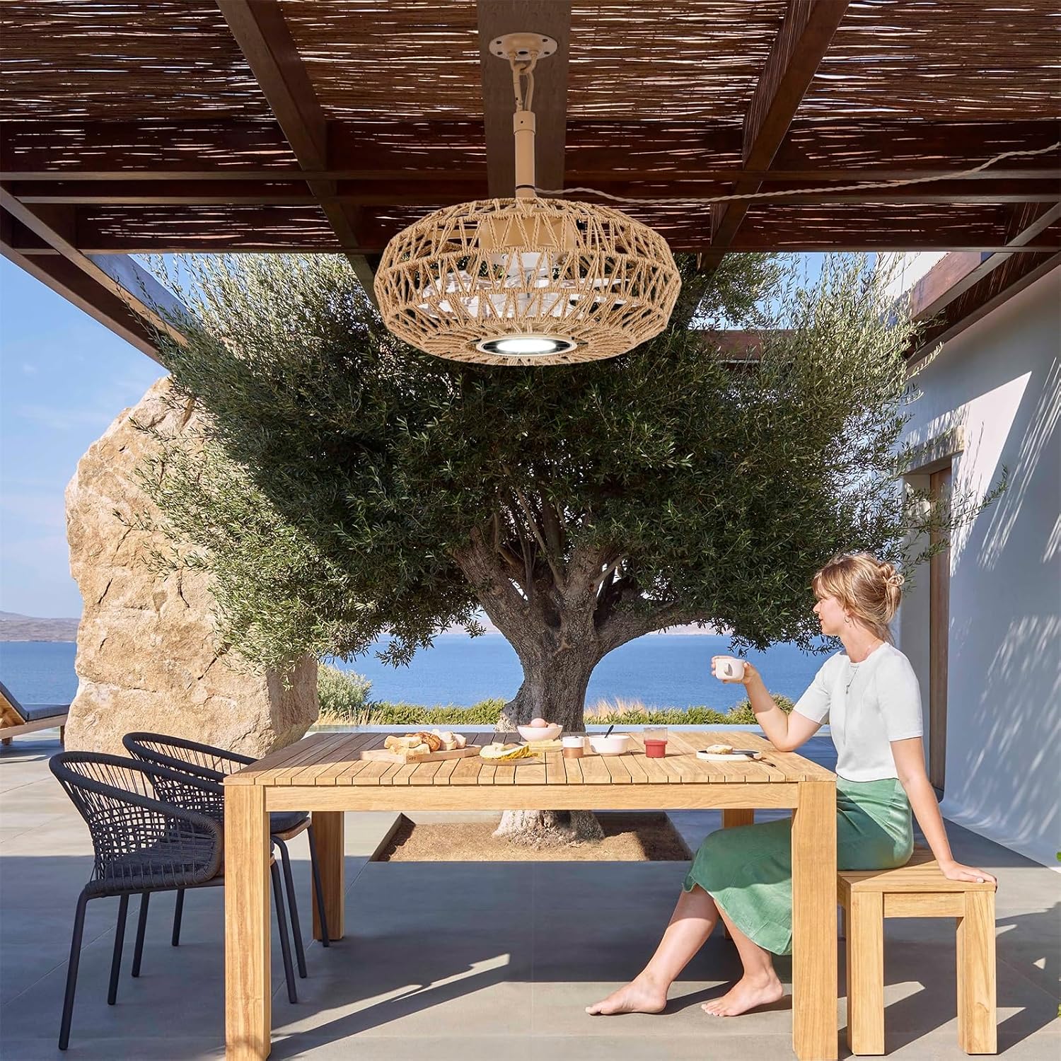 15'' Outdoor Gazebo Fan with Light, Outside/Indoor Hanging Rattan Ceiling Fan with Remote&APP Control, 3CCT Dimmable, 6-Speed DC Motor, Plug-in Wicker Woven Caged Ceiling Fans for Patio Pergola