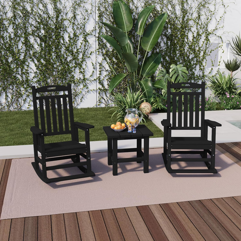 PLUUV Outdoor Rocking Chair, HDPE Patio Rocking Chairs with Footboard, All Weather Porch Rockers Outdoor for Adult, Effortless Installation, Black