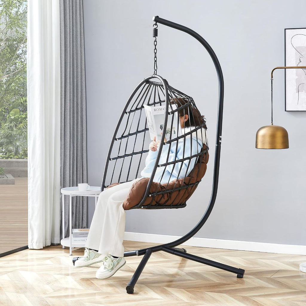 Egg Chair with Stand – Faux Rattan Wicker Hanging Hammock Chair, Soft Cushions & Pillow, Titanium Alloy Frame, UV-Resistant, All-Weather, Easy Assembly, 350 lbs Capacity for Patio, Garden, Balcony