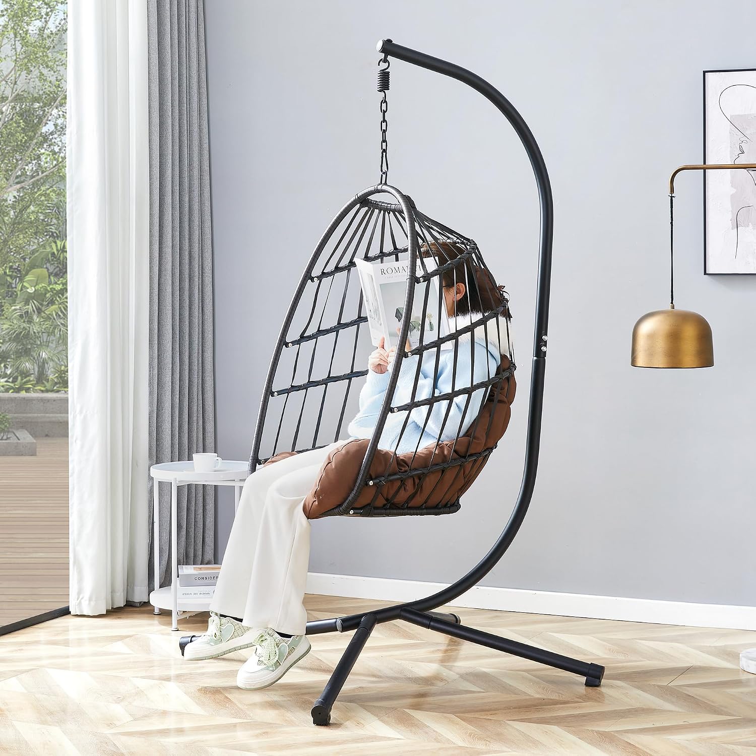 Egg Chair with Stand – Faux Rattan Wicker Hanging Hammock Chair, Soft Cushions & Pillow, Titanium Alloy Frame, UV-Resistant, All-Weather, Easy Assembly, 350 lbs Capacity for Patio, Garden, Balcony